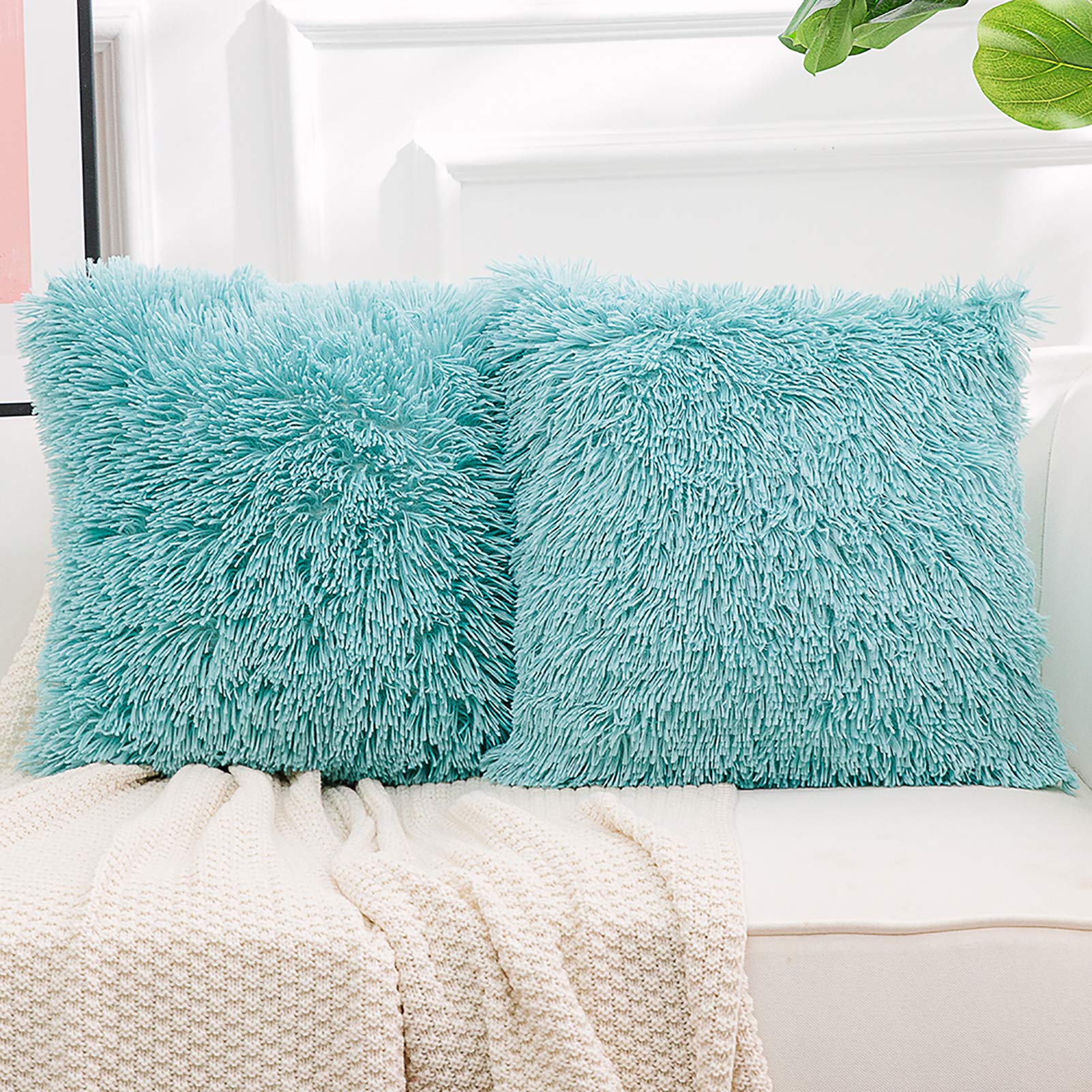 NordECO HOME Luxury Soft Faux Fur Fleece Pillow Covers 22x22 Inch - 2 Pack Teal Green Decorative Throw Pillow Cases for Sofa, Bed, Couch - No Insert Included - Cozy Home & Office Decor