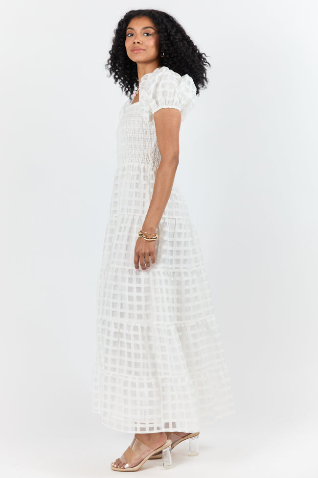 What A Feeling White Windowpane Maxi Dress for Women - Summer Boho Beach Dress, Elegant Flowy Long Dress for Vacation, Party & Wedding Guest