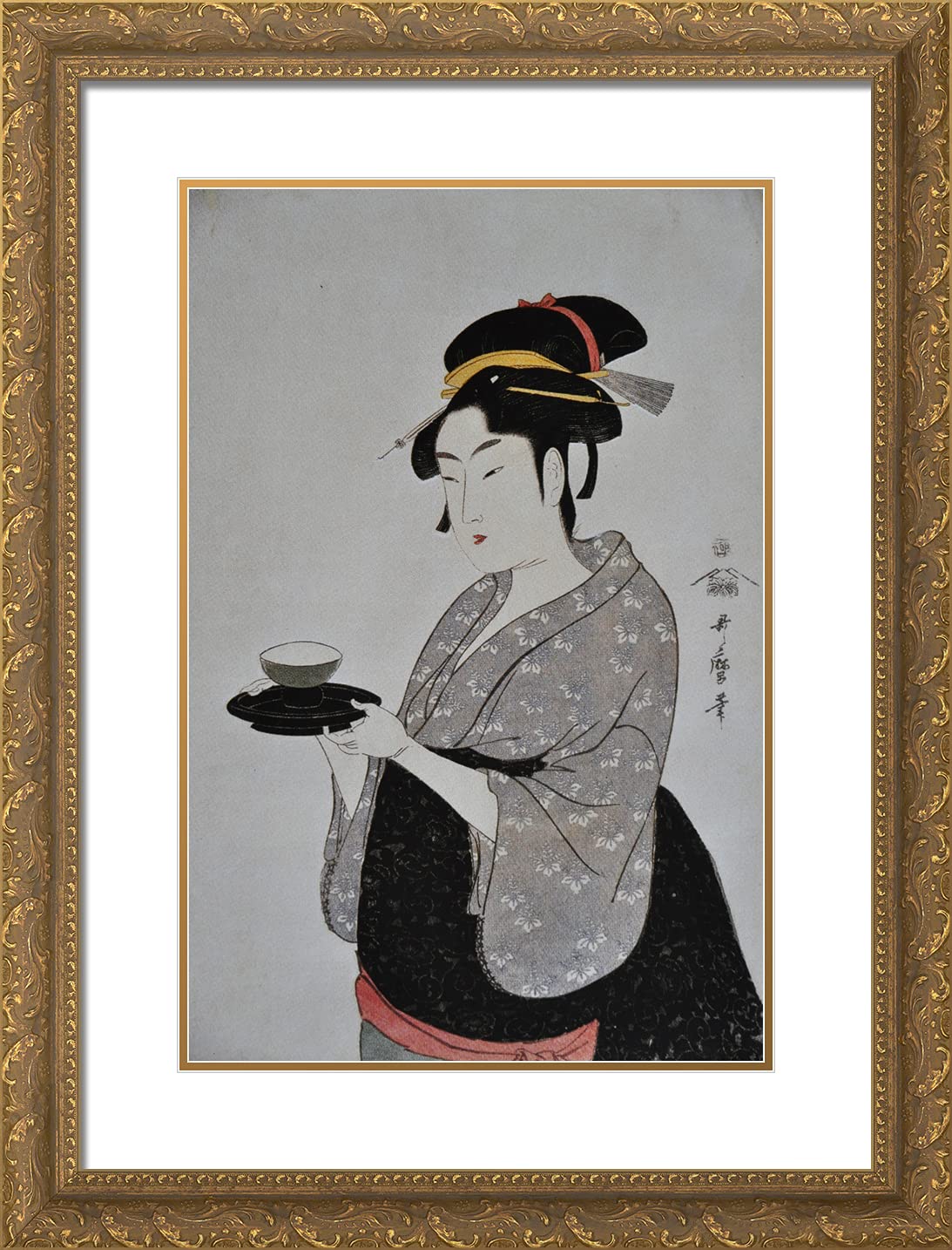 Kitagawa Utamaro 19x24 Inch Gold Ornate Framed Art Print - Portrait of Naniwaya Okita With Tea III - Japanese Ukiyo-e Wall Decor for Living Room, Office & Gallery Display