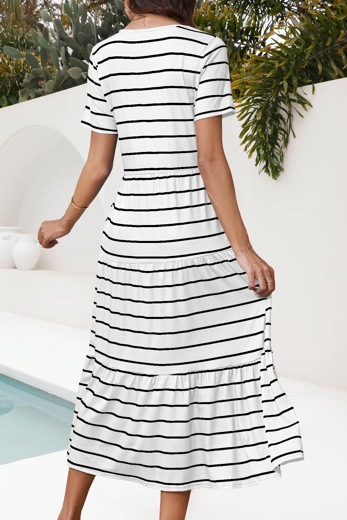 MITILLY Women's 2025 Summer Casual Short Sleeve Striped Tiered Swing T-Shirt Dress with Pockets | Beach Maxi Dress for Vacation, Outing & Daily Wear