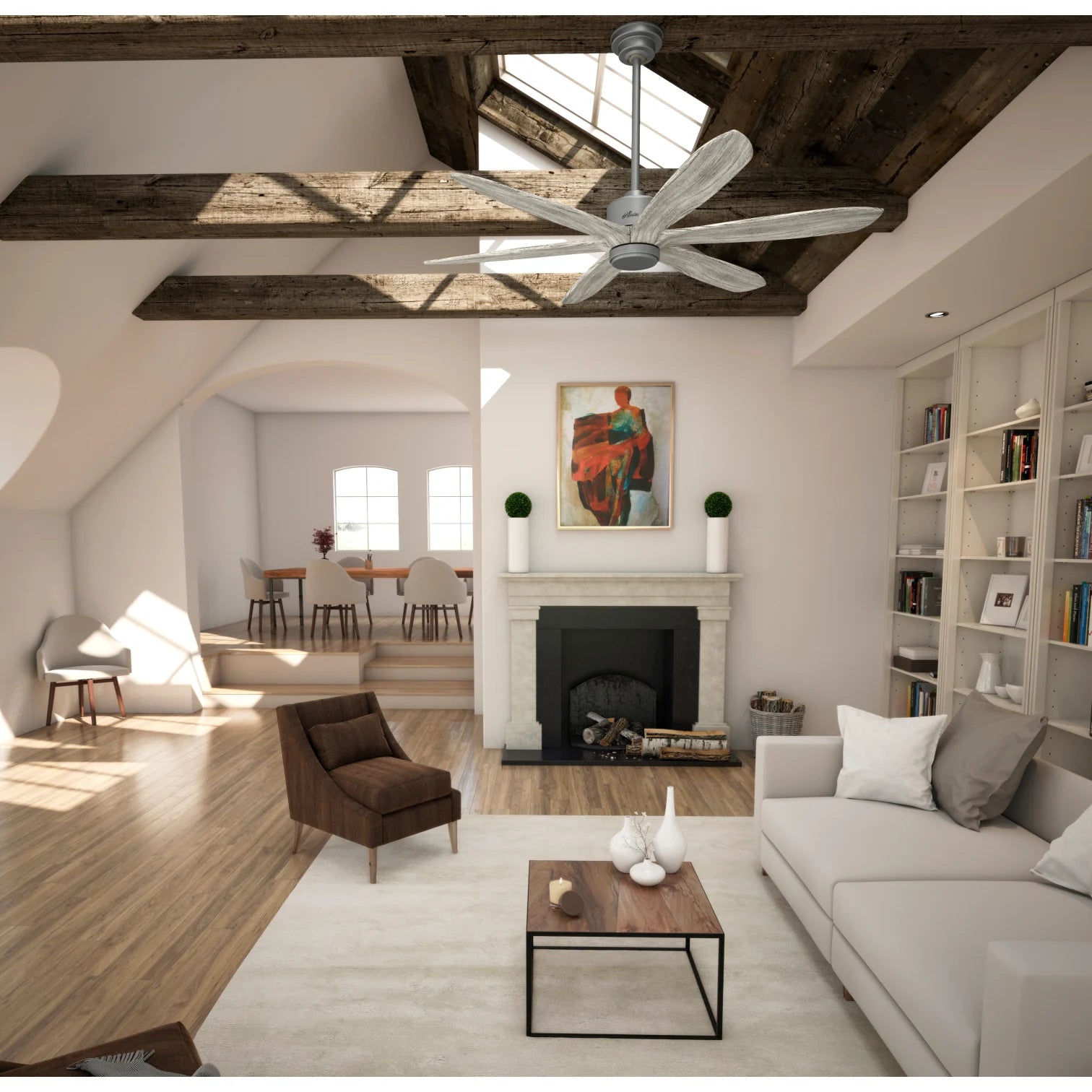 Hunter 58 Inch Rhinebeck Ceiling Fan with Light Kit - Matte Silver/Weathered White Birch Blades - Indoor/Outdoor Use for Living Room, Bedroom, or Patio