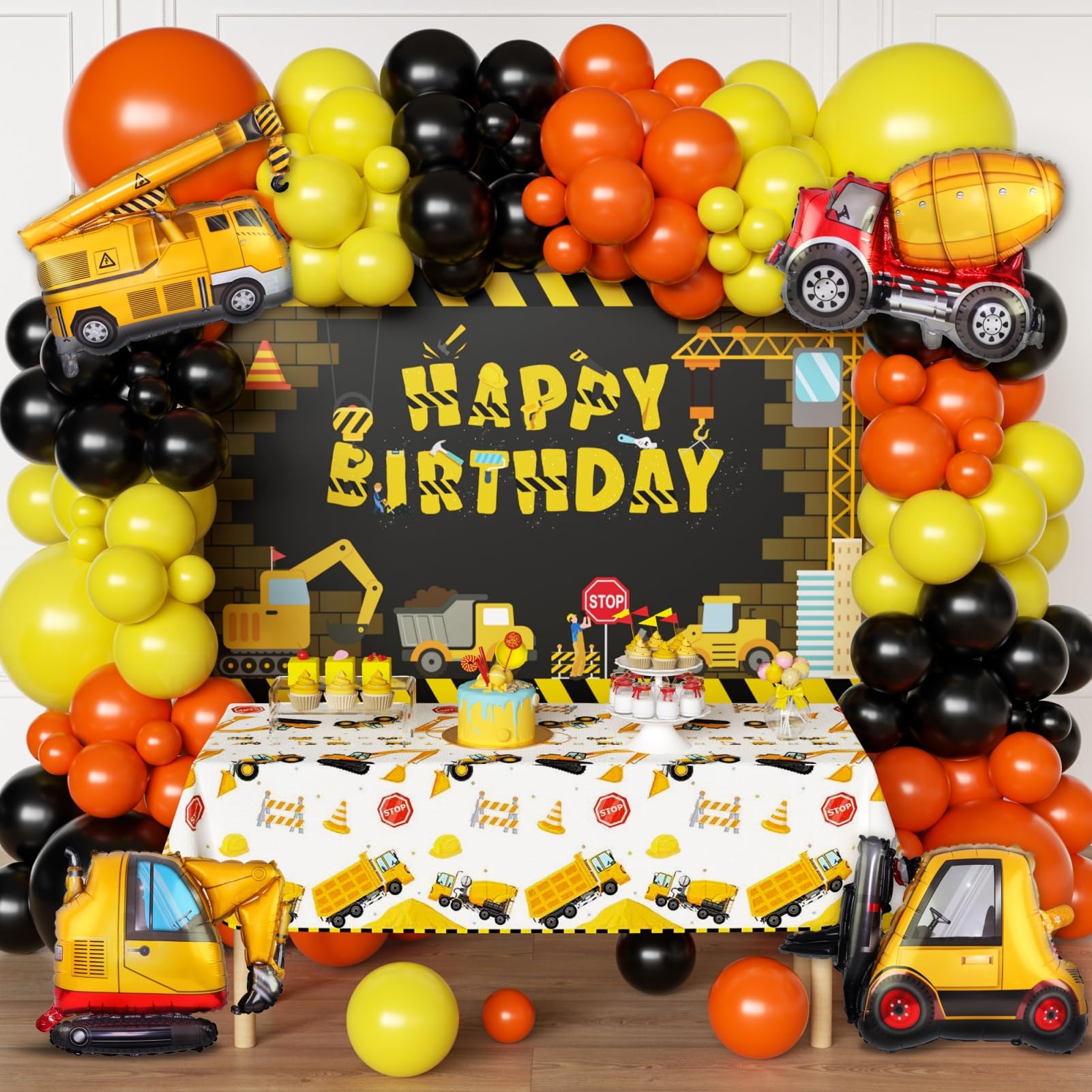 Dump Truck Construction Party Decorations Kit - Includes Arch Garland, Backdrop & Tablecloth for Kids Birthday Party | Perfect for Construction Theme Celebrations & DIY Decor