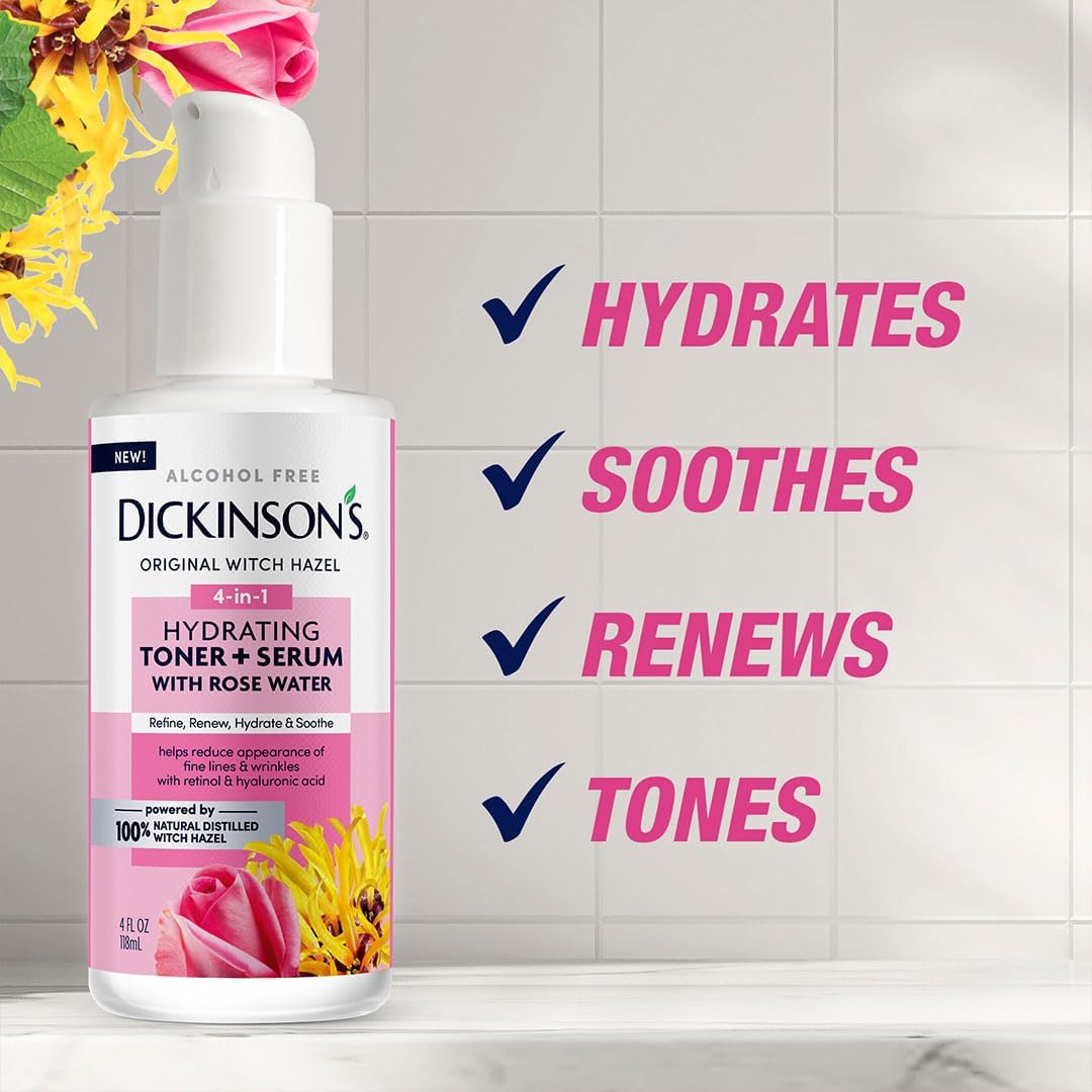 Dickinson's Witch Hazel Hydrating Toner + Serum with Rose Water - Alcohol-Free Facial Toner for Acne, Pores & Oily Skin - Perfect for Daily Skincare & Post-Shave Soothing