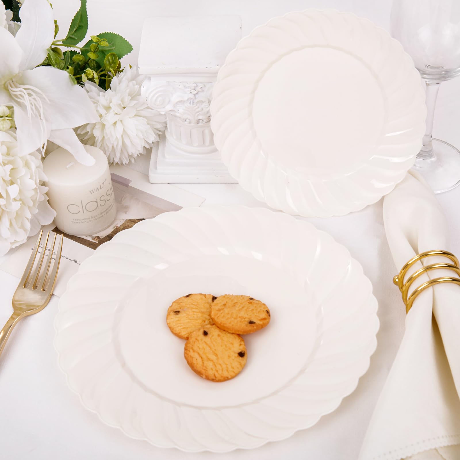 Premium 100-Piece Ivory Scalloped Plastic Plates Set for Parties - Heavy Duty Disposable Dinnerware (50PCS 9'' & 50PCS 6.5'') - Elegant Plastic Plates for Weddings, Birthdays, Baby Showers & Special Events