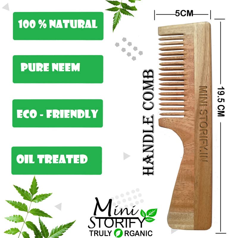 Mini Storify – Natural Kacchi Neem Wood Comb for Hair Growth & Scalp Care - Pack of 2 Handmade Wooden Combs for Women & Men - Anti-Dandruff & Hair Fall Control - Pocket & Handle Comb for Daily Hair Care, Travel & Ayurvedic Hair Treatment