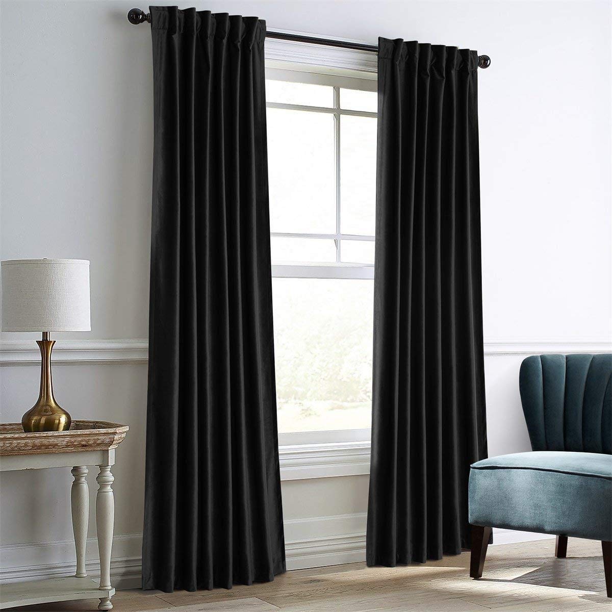 Black Velvet Blackout Curtains for Bedroom & Living Room - Thermal Insulated Window Drapes (100