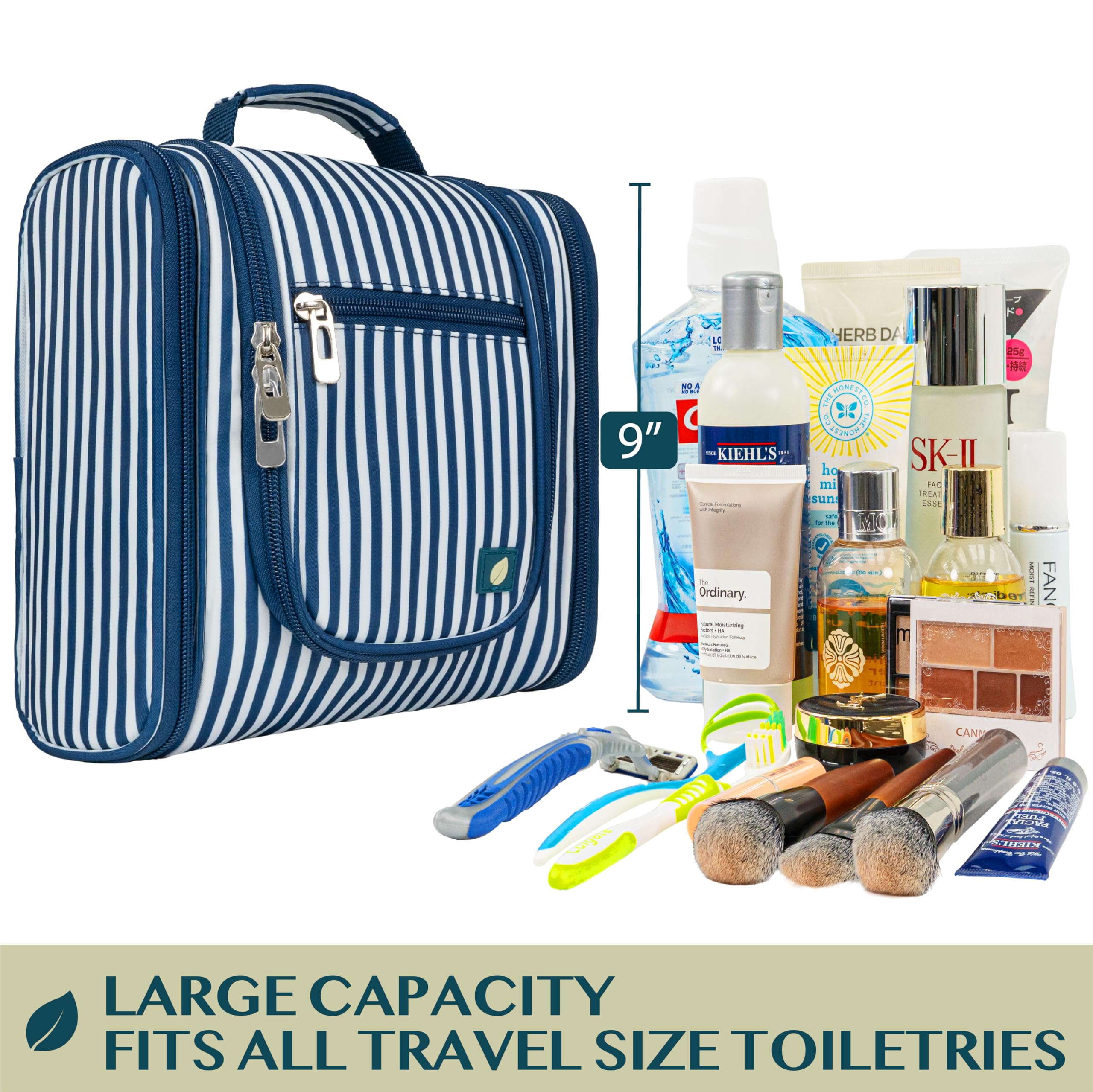 PAVILIA Hanging Toiletry Bag for Women & Men - Waterproof Travel Cosmetic Organizer with Large Capacity - Perfect for Makeup, Toiletries & Travel Essentials (Stripe Navy) - Ideal for Airplane, Camping & Gym Use
