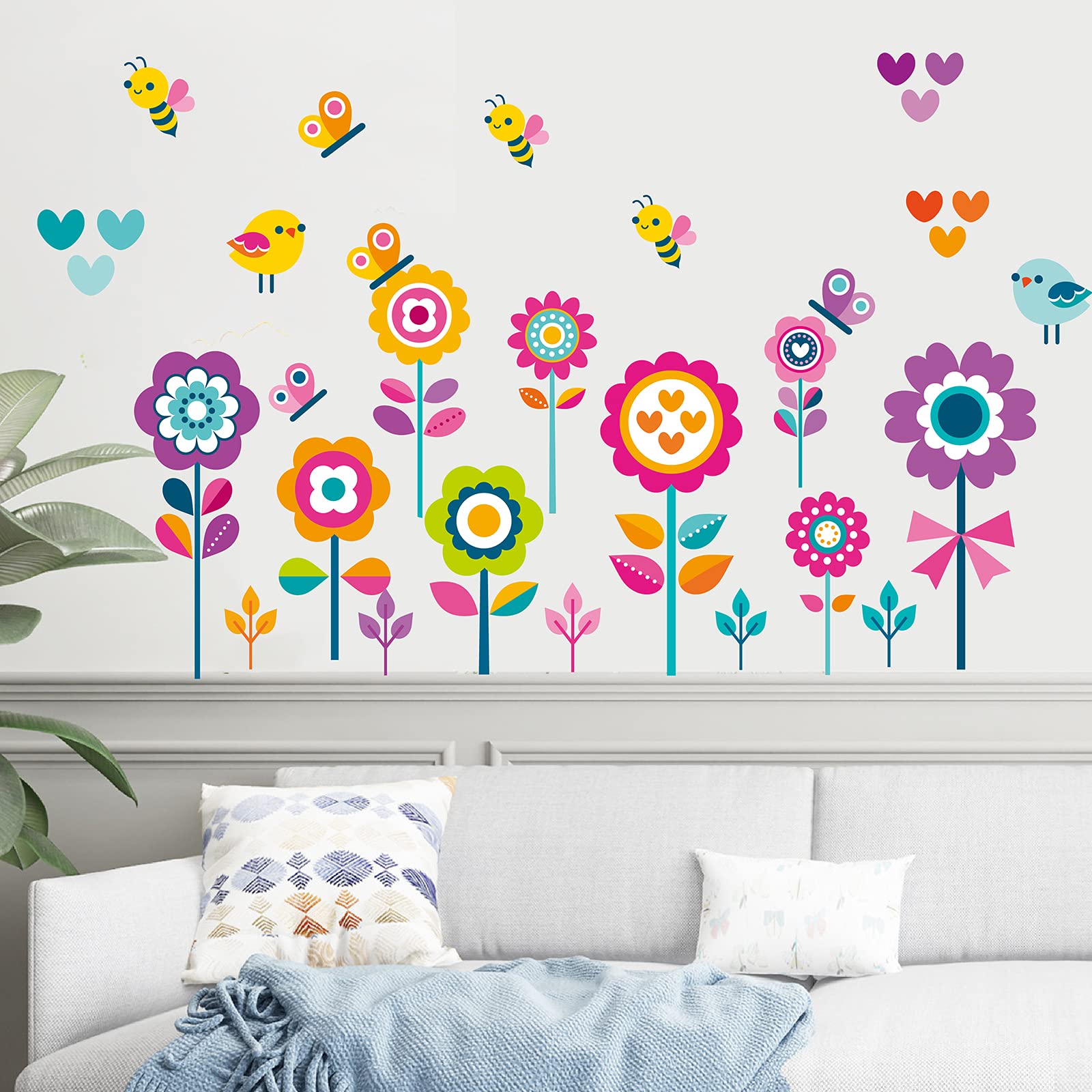 Butterfly Bee Floral Wall Decals for Kids Room - Removable Peel and Stick Wall Art for Girls Bedroom, Nursery, Playroom & Classroom - DIY Home Decor for Birthday Party, Baby Shower & Spring Theme Decorations