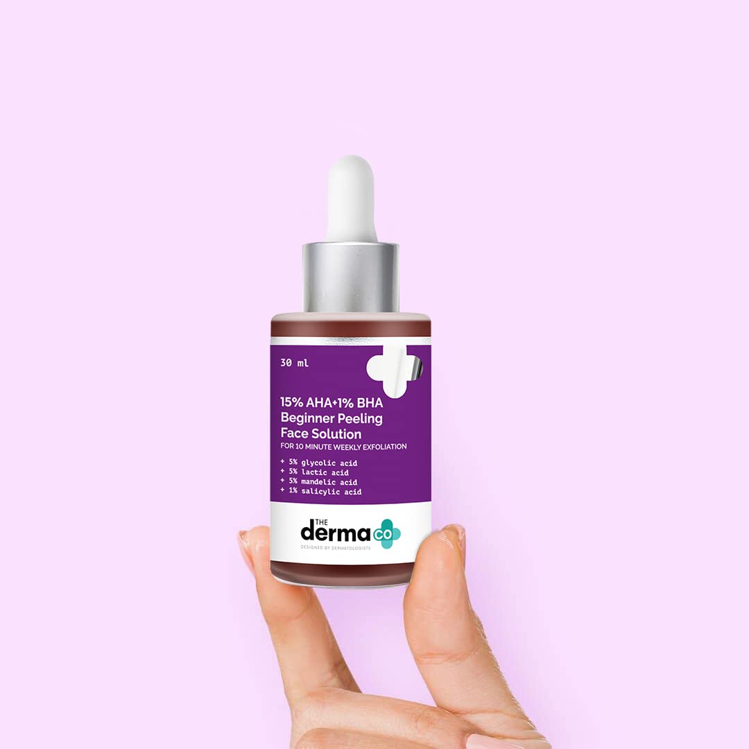The Derma Co 15% AHA + 1% BHA Exfoliating Face Peel Solution - Gentle Weekly Chemical Exfoliator for Beginners, Brightens Skin & Removes Impurities - 30ml | Perfect for Acne-Prone & Dull Skin Treatment