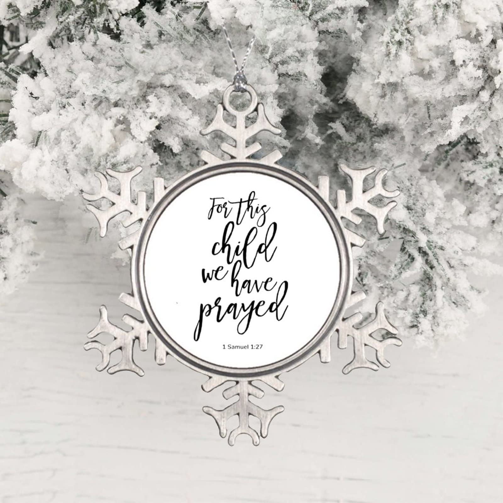 3 Inch Snowflake Christmas Ornament with Bible Verse - 'For This Child We Have Prayed' Metal Keepsake, Funny Holiday Pendant for Xmas Tree Decor, Winter Party & New Year Home Decoration - Perfect Gift for Christian Families