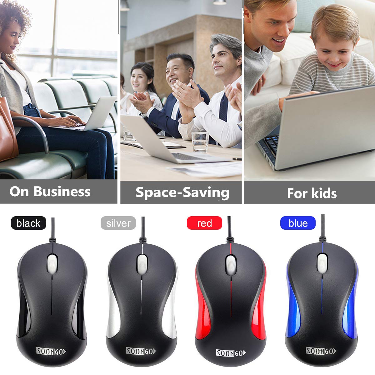 SOONGO Mini USB Wired Optical Mouse - Portable Laptop Mouse for Kids, Students, Teens - Compatible with Notebook, MacBook, Desktop Computers (Blue) | Perfect for School, Office, Gaming & Travel Use