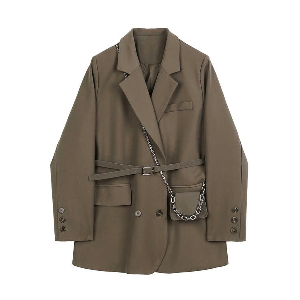 YCZDG Women's Oversized Blazer Jacket with Pockets - Dark Brown Lapel Long Sleeve Loose Fit Coat for Spring & Autumn | Office Wear, Business Casual, Work Outfits, Daily Fashion (Size S)