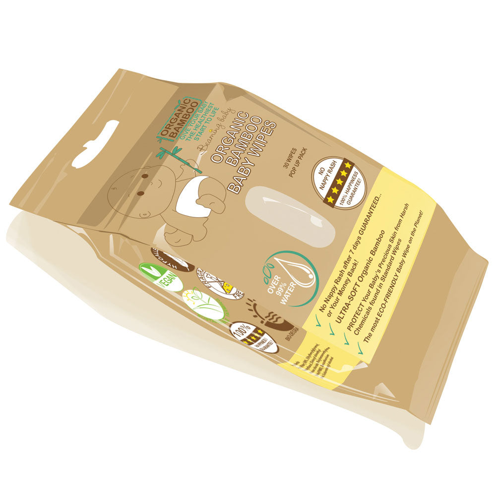 Beaming Baby Organic Bamboo Wipes - 30 Count | Hypoallergenic & Eco-Friendly Baby Wipes for Sensitive Skin | Perfect for Diaper Changes, On-the-Go Cleaning & Gentle Face Wipes
