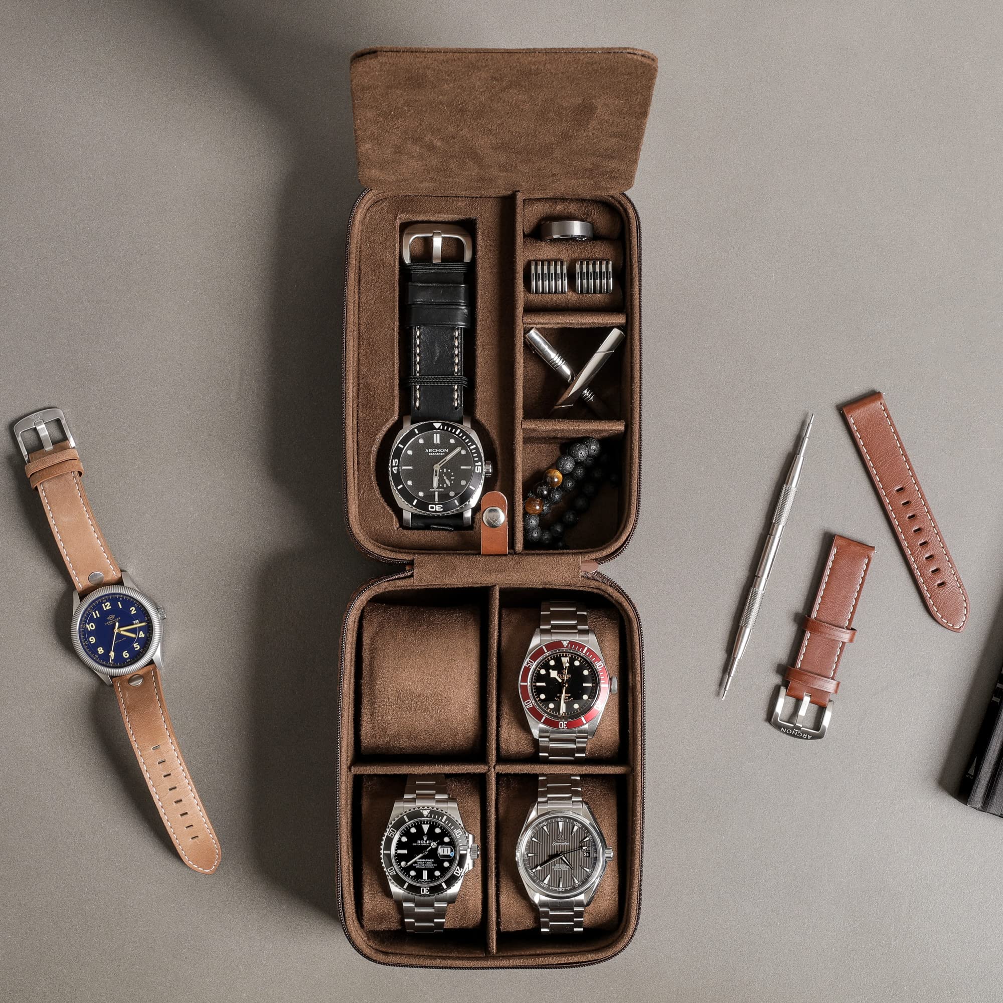 ROTHWELL 5 Watch Travel Case Organizer - Durable Zippered Storage for Men & Women | Fits Wristwatches & Smartwatches Up to 50mm | Portable Watch Box for Business Travel, Vacation & Daily Use (Tan/Brown)