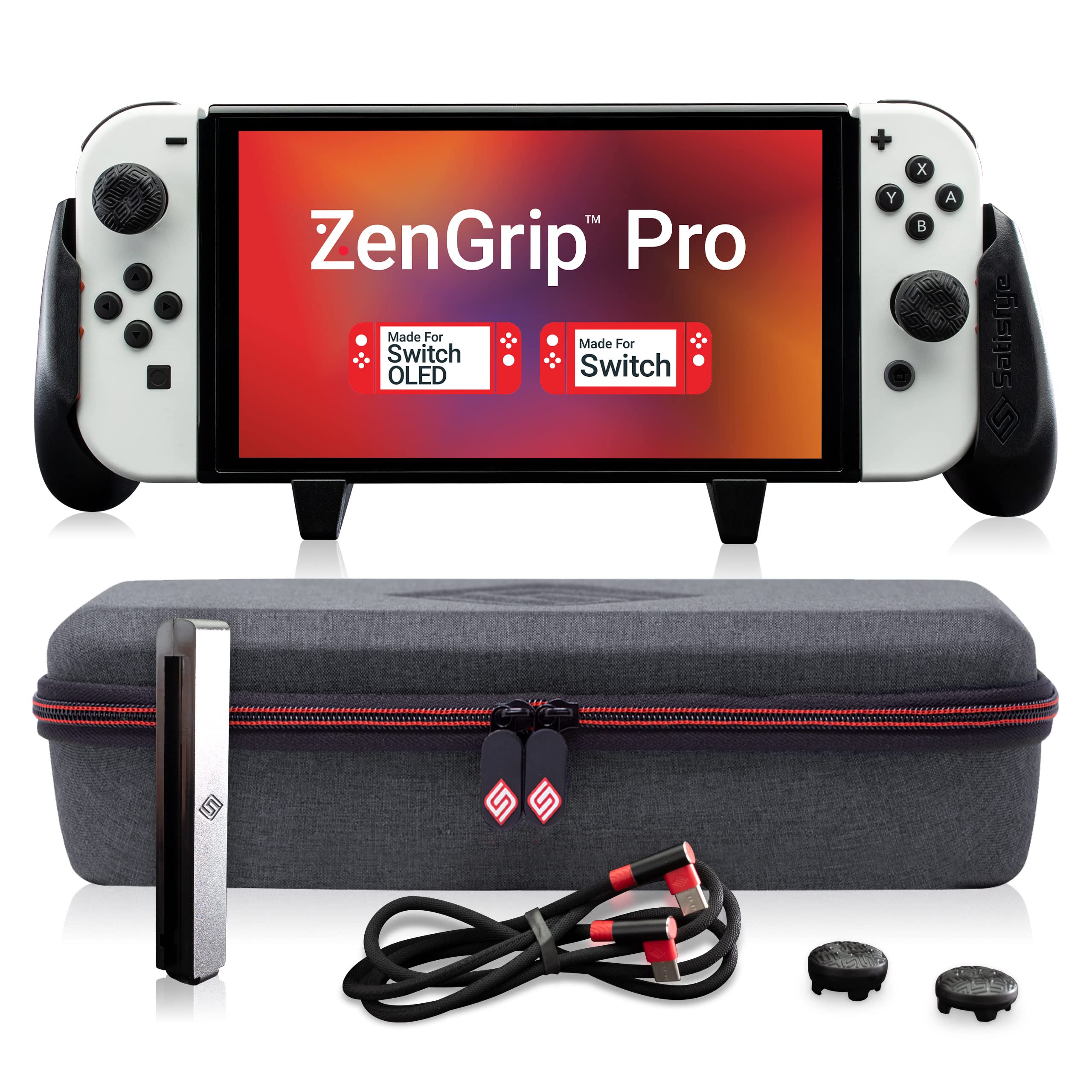 Satisfye ZenGrip Pro Gen 3 OLED Elite Bundle for Nintendo Switch - Premium Gaming Grip, Protective Case & USB C-C Cable - Includes Bonus 2 Thumbsticks & JoyCon Rail - Perfect for Travel, Home Gaming & Enhanced Comfort