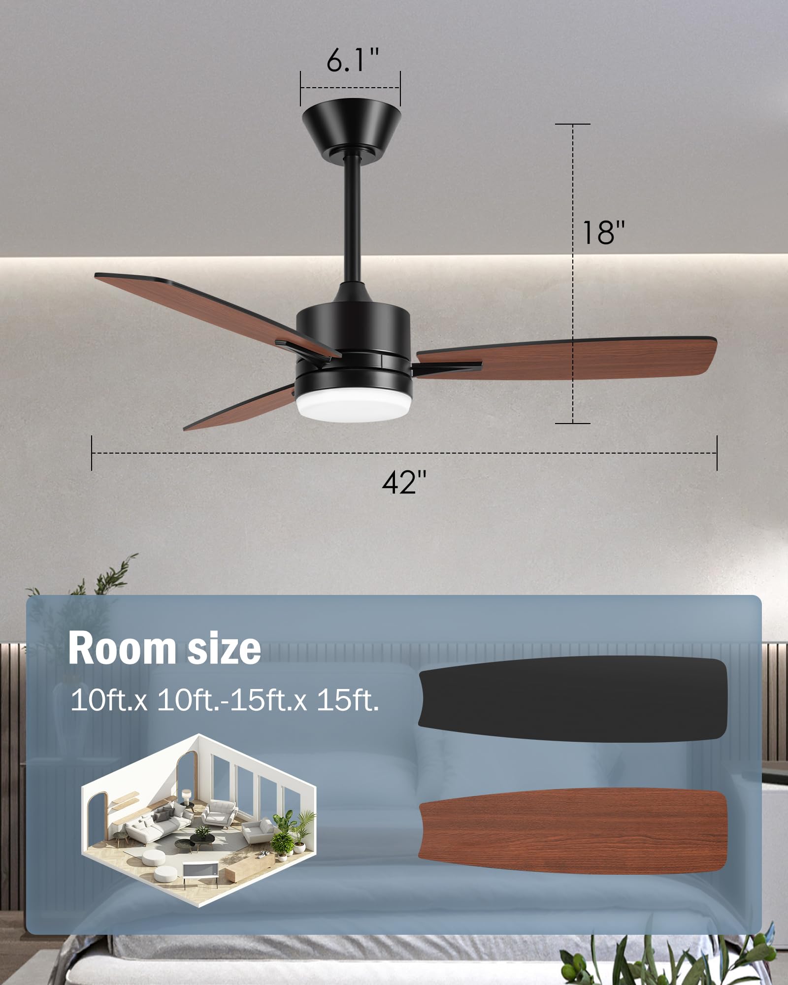 42 Inch Smart Ceiling Fan with Remote Control & LED Light - DC Motor, Reversible Blades, Indoor/Outdoor Use - Perfect for Bedroom, Farmhouse, Patio & Covered Outdoor Spaces