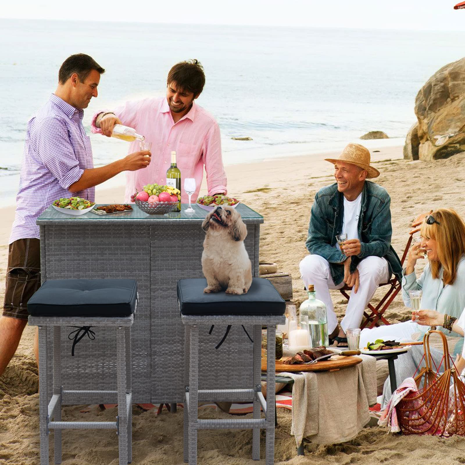**Polar Aurora 3-Piece Patio Bar Set with Stools & Glass Top Table – Outdoor Wicker Furniture with Removable Cushions – Perfect for Backyards, Porches, Gardens & Poolside (Black & Gray) – Ideal for Entertaining, Relaxing & Outdoor Dining**