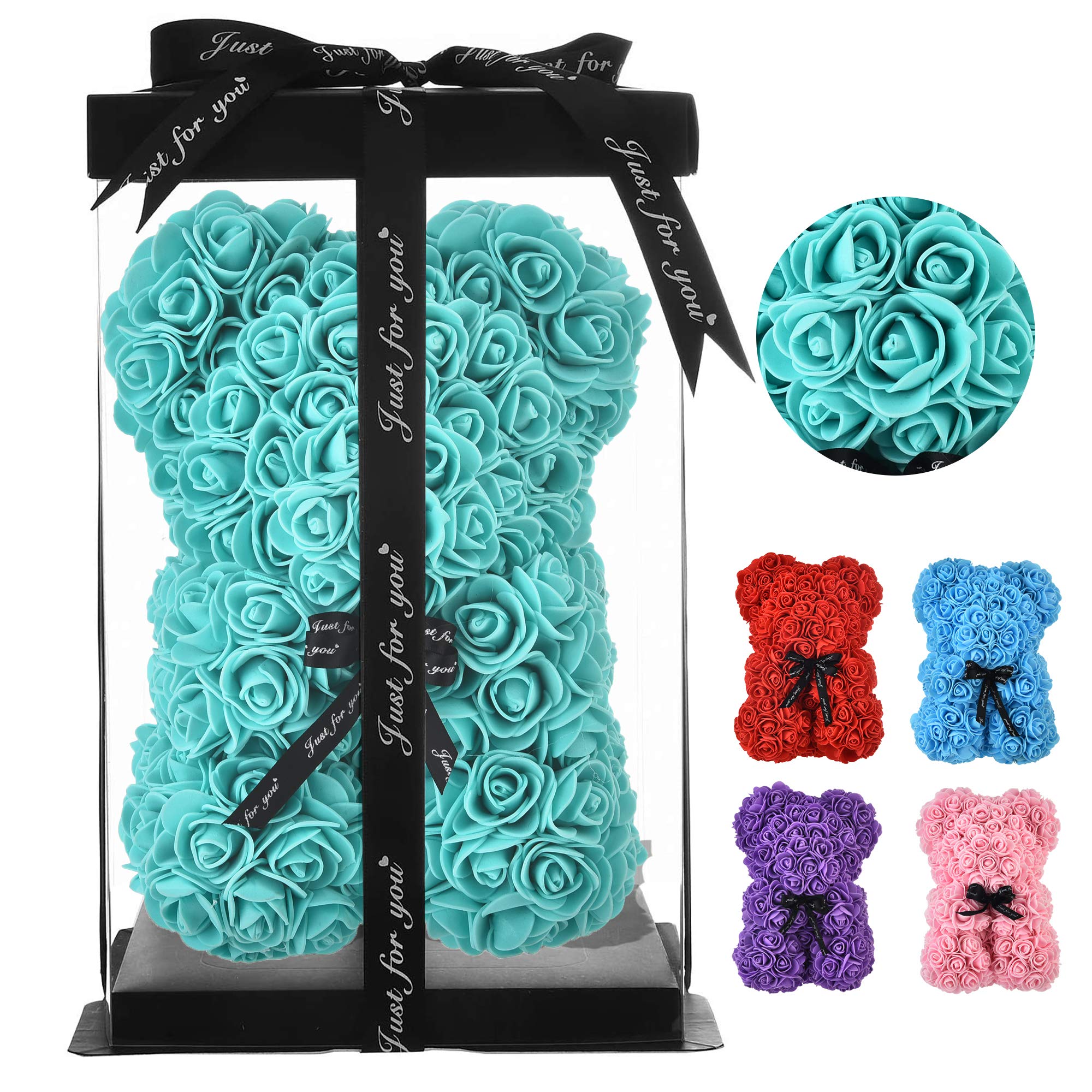 Eternal Rose Bear - Forever Rose Teddy Bear with Everlasting Flowers, Tiffany Blue Gift for Valentine's Day, Anniversary & Christmas | Romantic Home Decor & Window Display