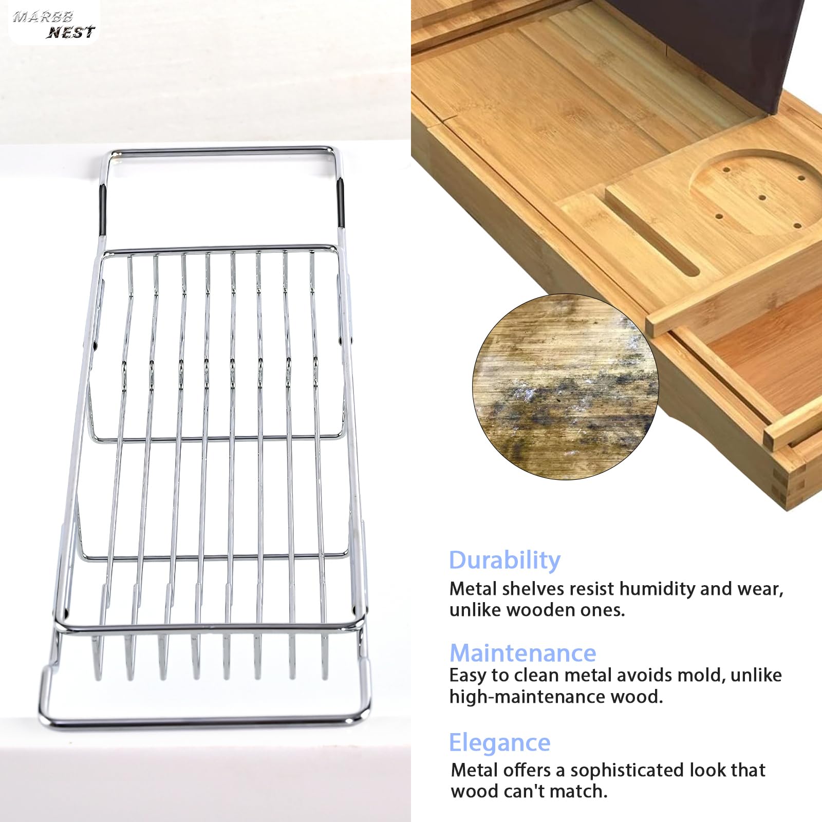 Luxury Expandable Bathtub Tray Caddy with Natural Marble Top & Tablet Stand - Extra Wide Bath Tray for Spa Relaxation, Reading & Wine - Chrome & Black Finish for Home Bathroom Essentials