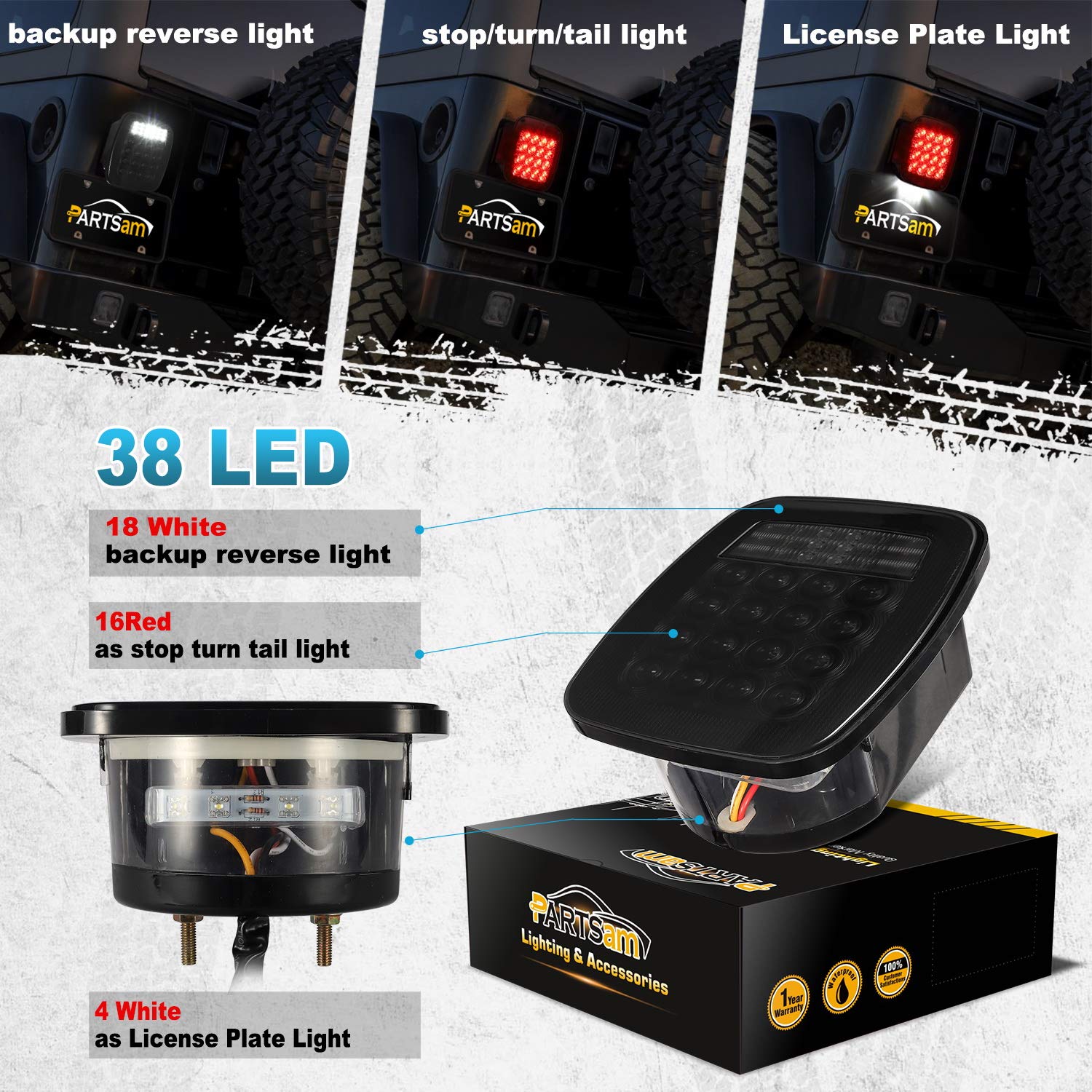 Partsam 2Pcs Universal Smoked Square 38 LED Combination Tail Lights with License Plate Lights - Compatible with Wrangler CJ TJ YJ, Flatbed Trucks - Brake, Stop, Turn, Reverse Lights - 12V - Perfect for Off-Roading, Truck Upgrades & Nighttime Safety