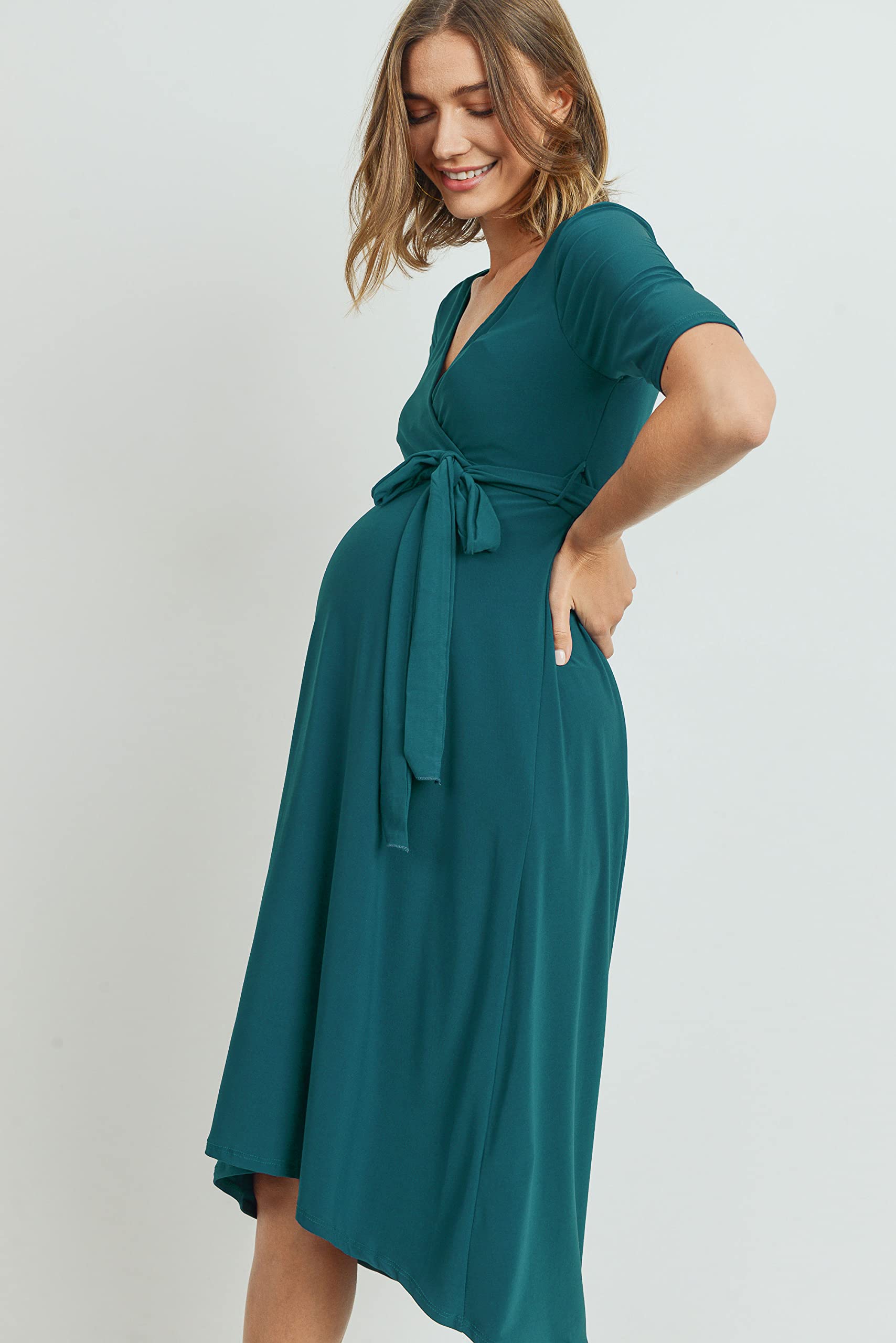 Maternity Wrap Dress for Women - Stretchy Midi Length with Adjustable Waist Belt | Comfortable Pregnancy Outfit for Work, Baby Shower & Everyday Wear