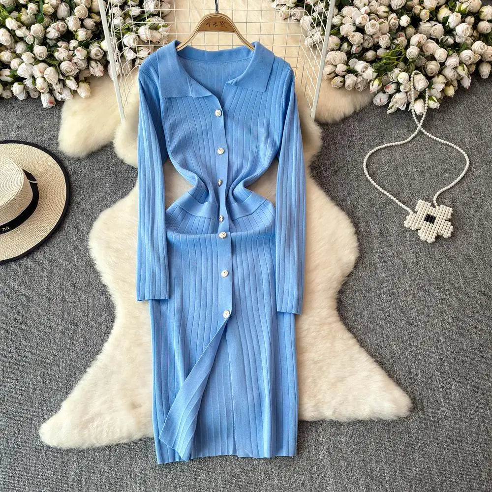 Autumn 2024 Women's Solid Color Single Breasted Knit Long Dress - French Elegant Office Wear Long Sleeve Dress for Work & Formal Occasions