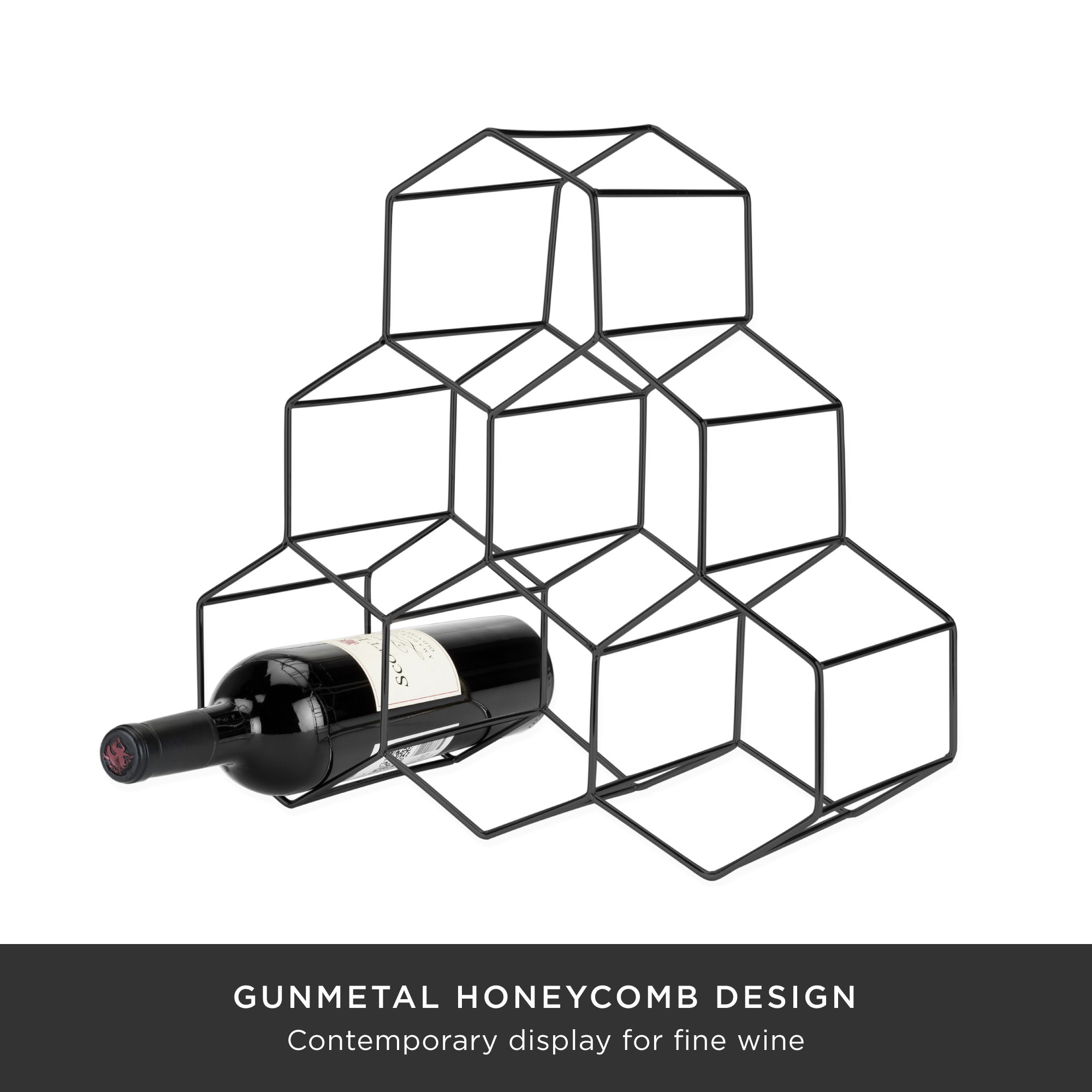Gunmetal Geo Countertop Wine Rack - Modern Metal Wine Bottle Holder for Kitchen, Bar & Dining Room Decor | Space-Saving Storage Solution
