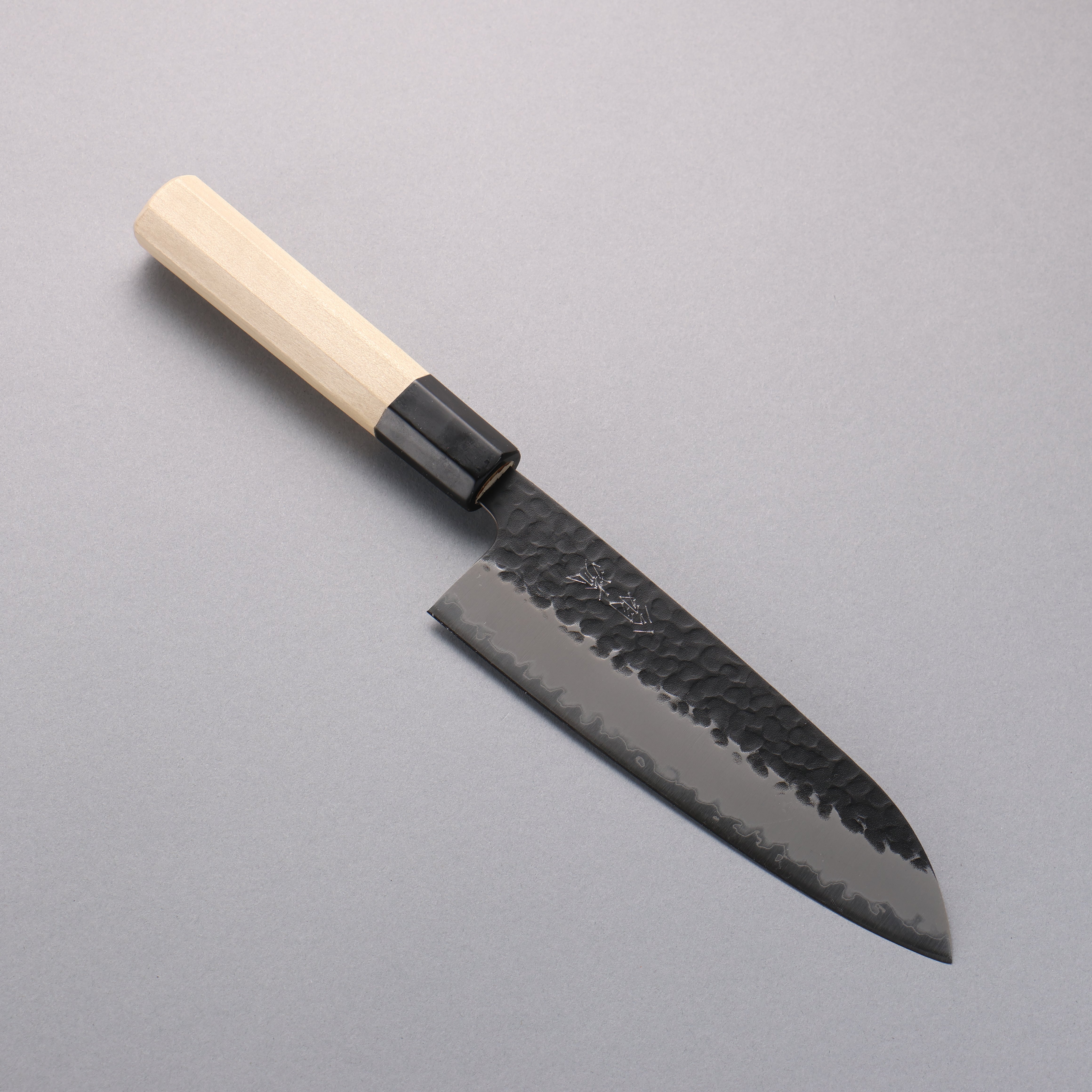 Premium OUL Blue Super Hammered Black Santoku Knife 165mm - Japanese Magnolia Wood Handle - Perfect for Slicing, Dicing & Chopping Vegetables, Meat & Fish