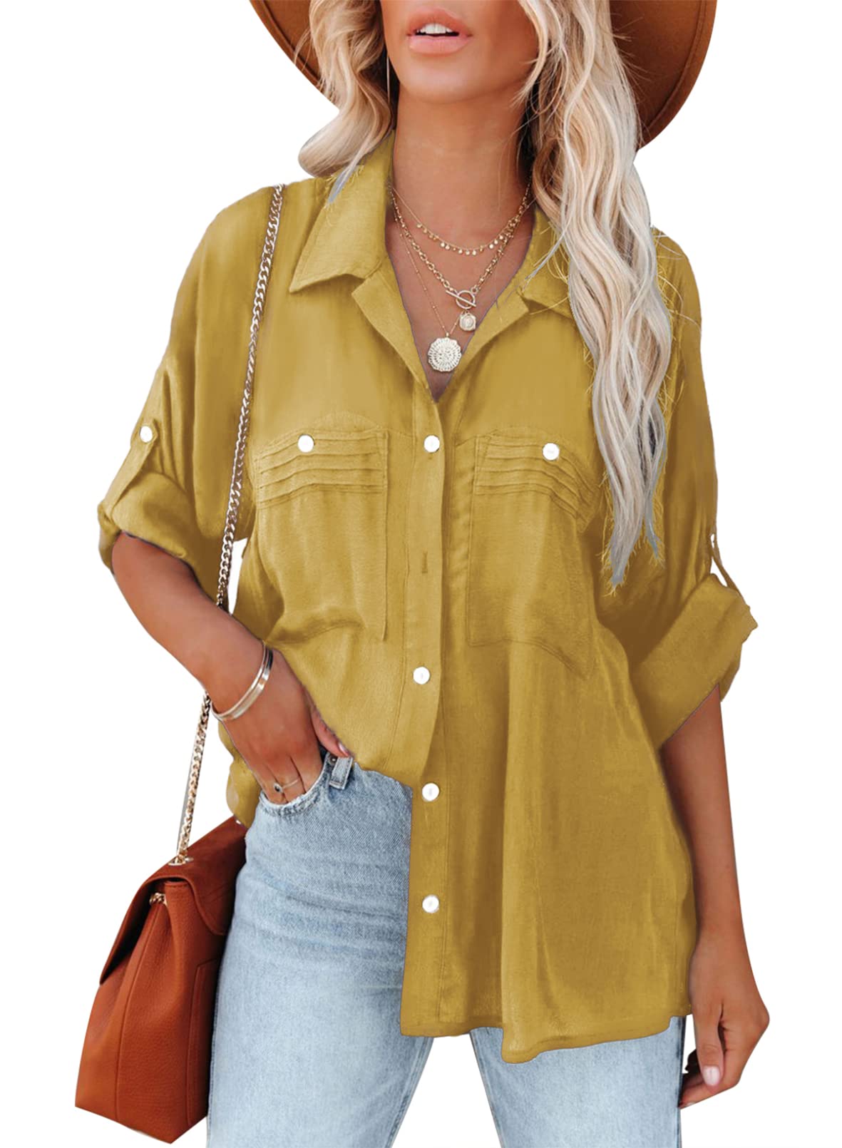 Stylish Women's Casual Button Down Shirts - Lapel Dressy Blouses with Pockets for Work, Office & Everyday Wear | Comfortable & Fashionable Tops