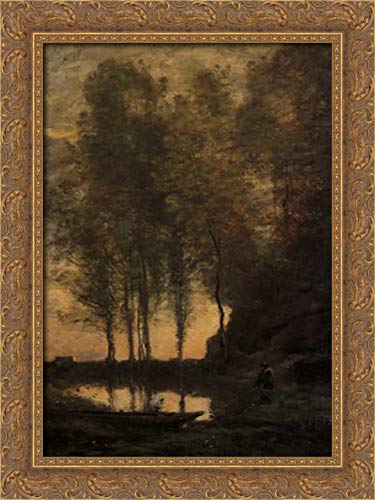 Jean Baptiste Camille Corot 'Le Passeur Attachant Sa Barque' 18x24 Inch Gold Ornate Wood Framed Canvas Art - Perfect for Living Room, Bedroom & Office Wall Decor