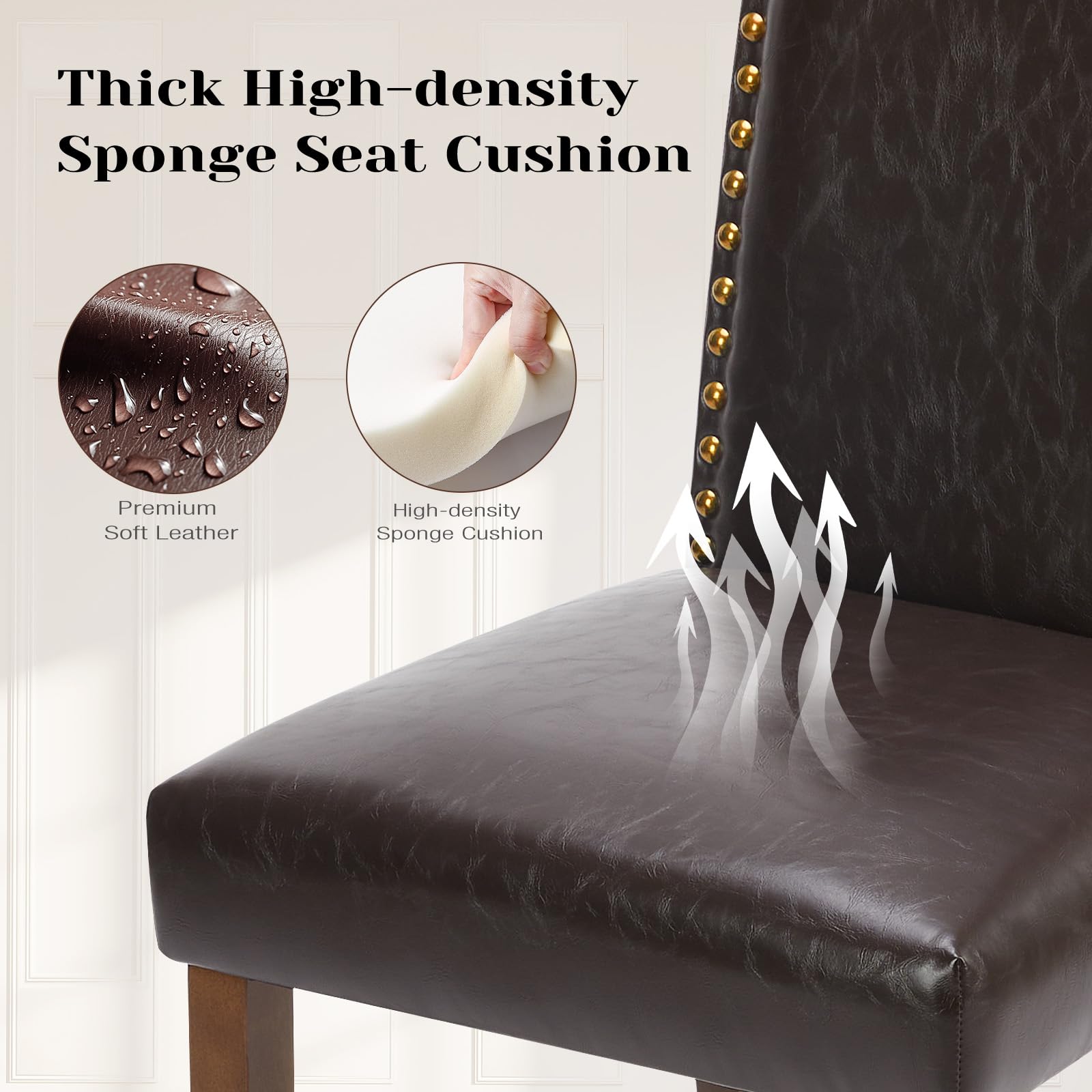 DUMOS 4-Piece PU Leather Dining Chair Set - Upholstered Parsons Chairs with Nailhead Trim & Rubber Wood Legs, Modern Kitchen Side Chairs for Dining Room, Living Room, Bedroom - Brown | Perfect for Home Decor, Family Gatherings & Small Space Dining
