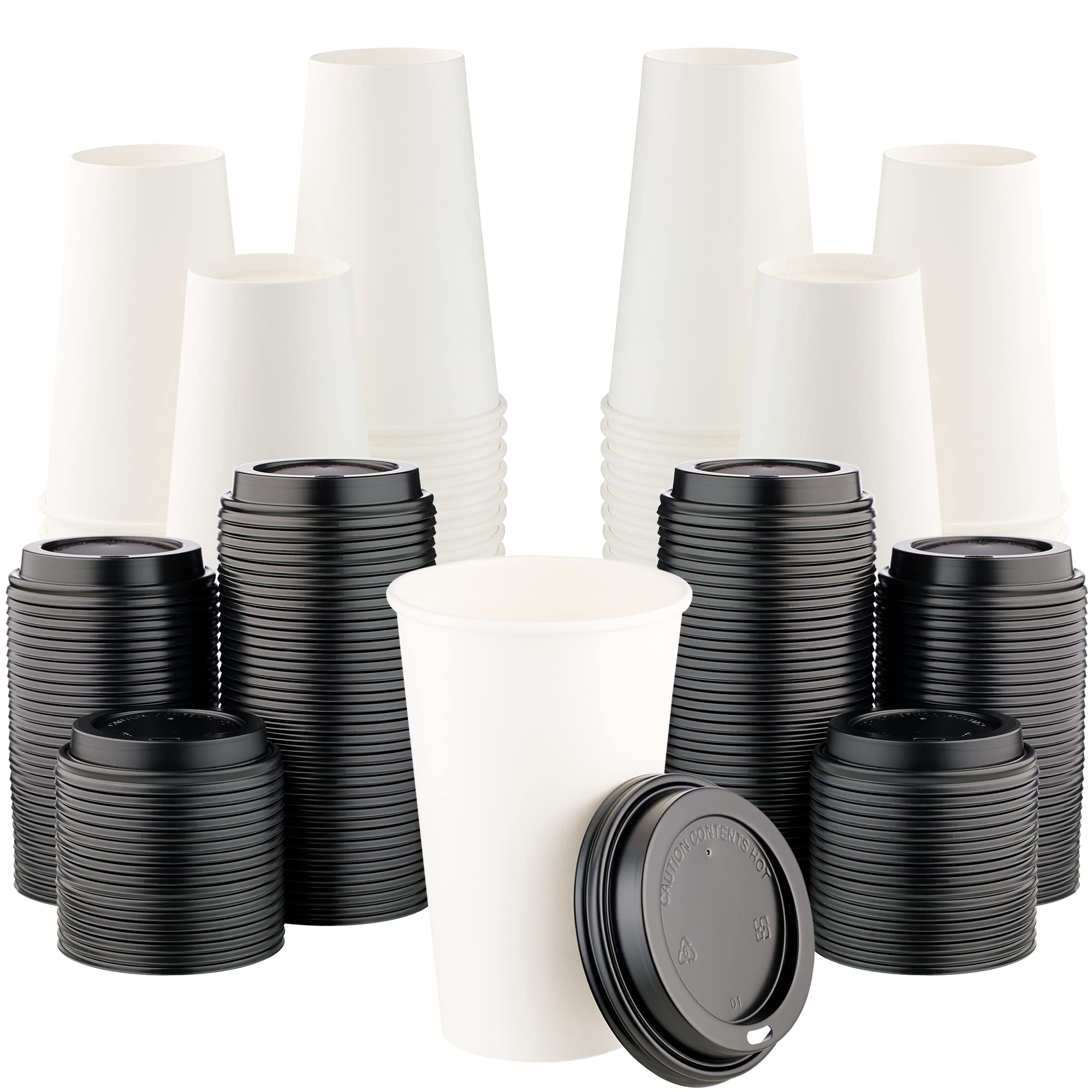 1000 Pack 16 oz White Disposable Paper Cups with Black Lids - Hot & Cold Drink Cups for Coffee, Tea, Cocoa, Latte - Perfect for Cafes, Offices, Parties, and Events