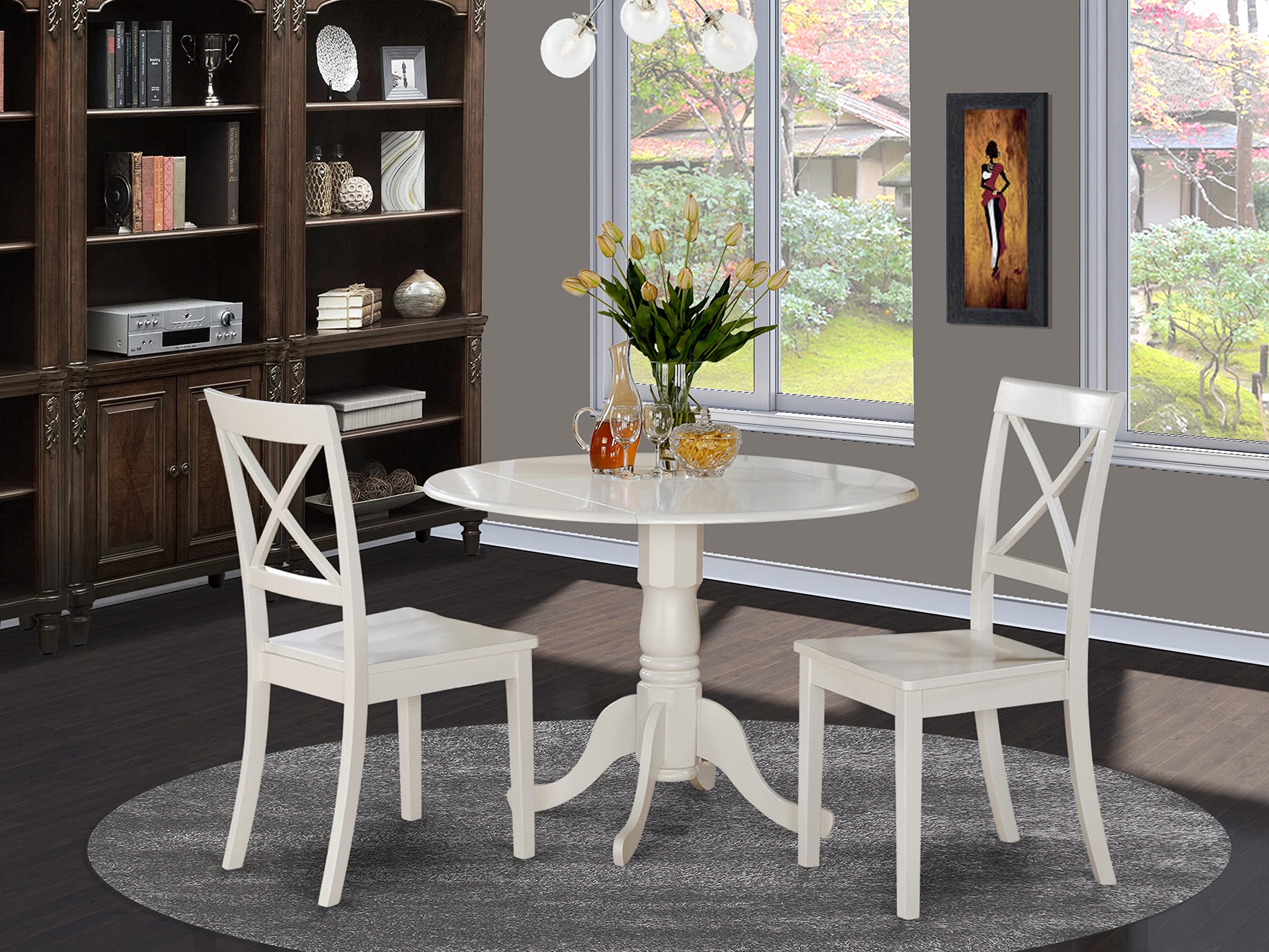 East West Furniture DLBO3-WHI-W 3-Piece White Dining Set with Round Drop-Leaf Table & 2 Chairs, 42x42 Inch, Linen White - Perfect for Small Kitchens, Breakfast Nooks & Cozy Dining Spaces