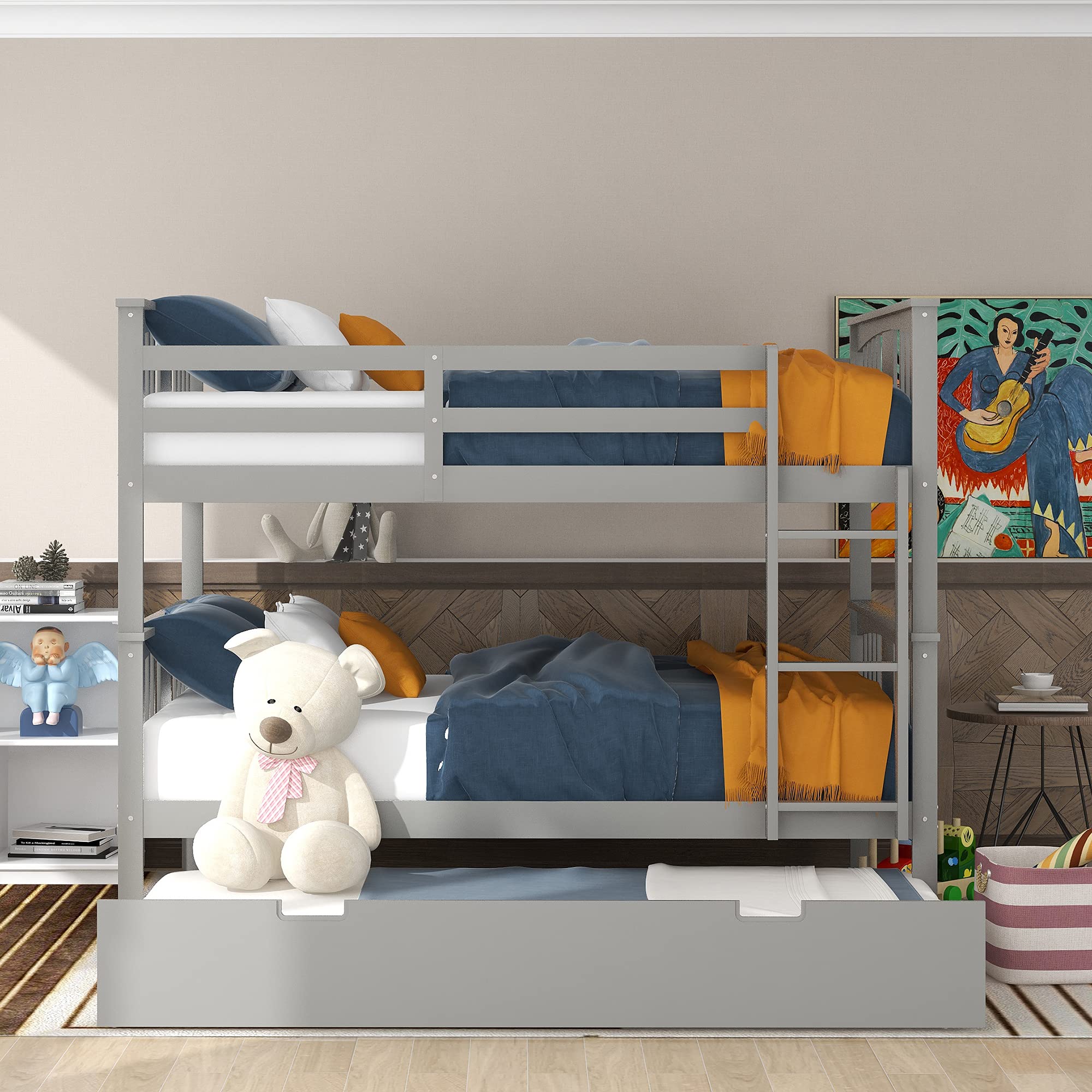 Harper & Bright Designs Solid Wood Full Over Full Bunk Bed with Trundle & Ladders - Grey Bedroom Furniture for Kids, Teens & Guest Rooms - Space Saving Solution for Shared Bedrooms & Sleepovers