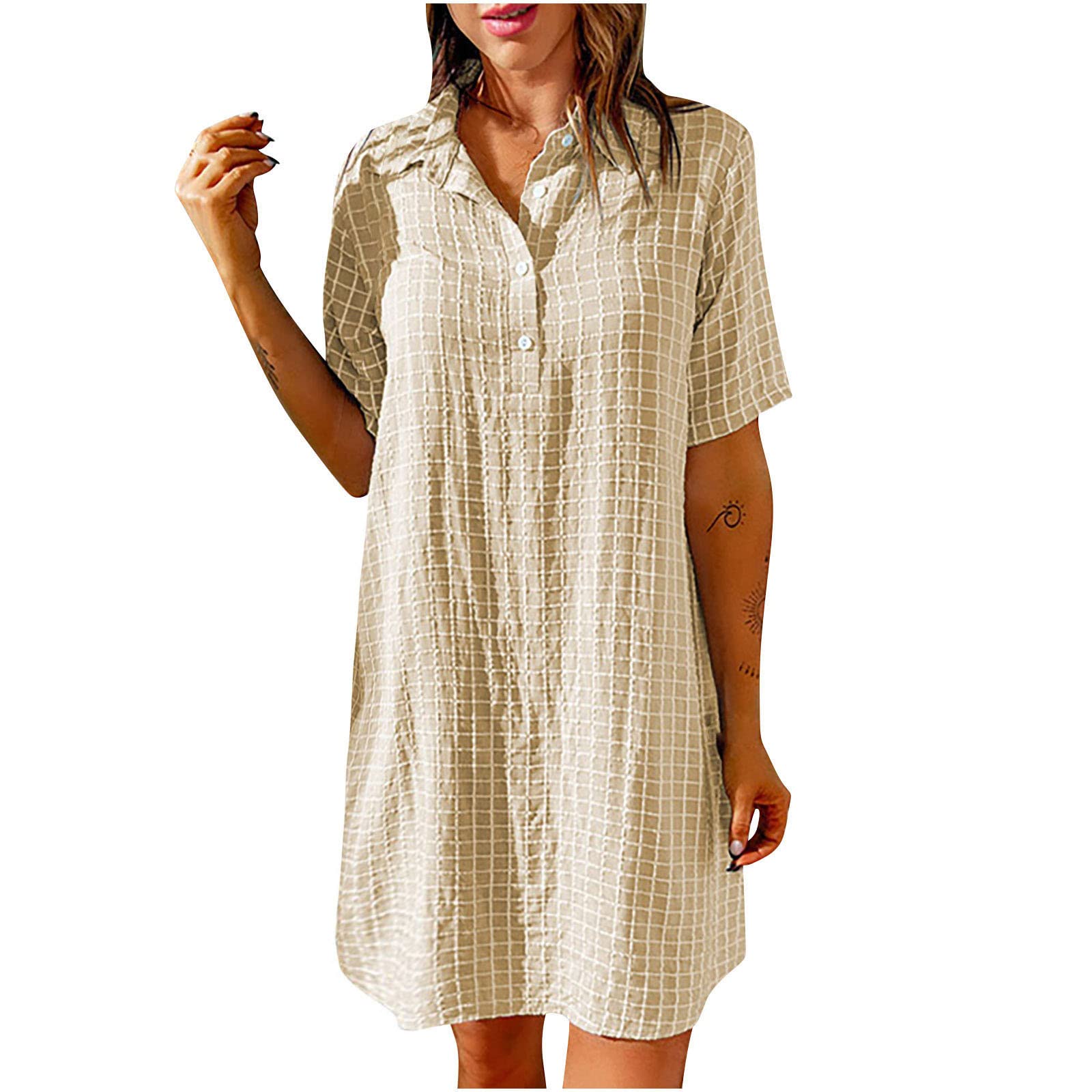 Women's Casual Button Down Shirt Dress - Striped & Plaid Print Short Sleeve Midi Dress with Lapel Collar | Loose Fit Split Hem for Office, Party & Summer Outings