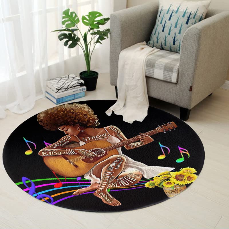 Modern Round Rug with African American Girl Playing Guitar & Music Notes - Ultra Soft Cozy Floor Mat for Bedroom, Living Room, Dining Area - 63 Inch Diameter - Perfect for Music Lovers' Home Decor & Cozy Spaces