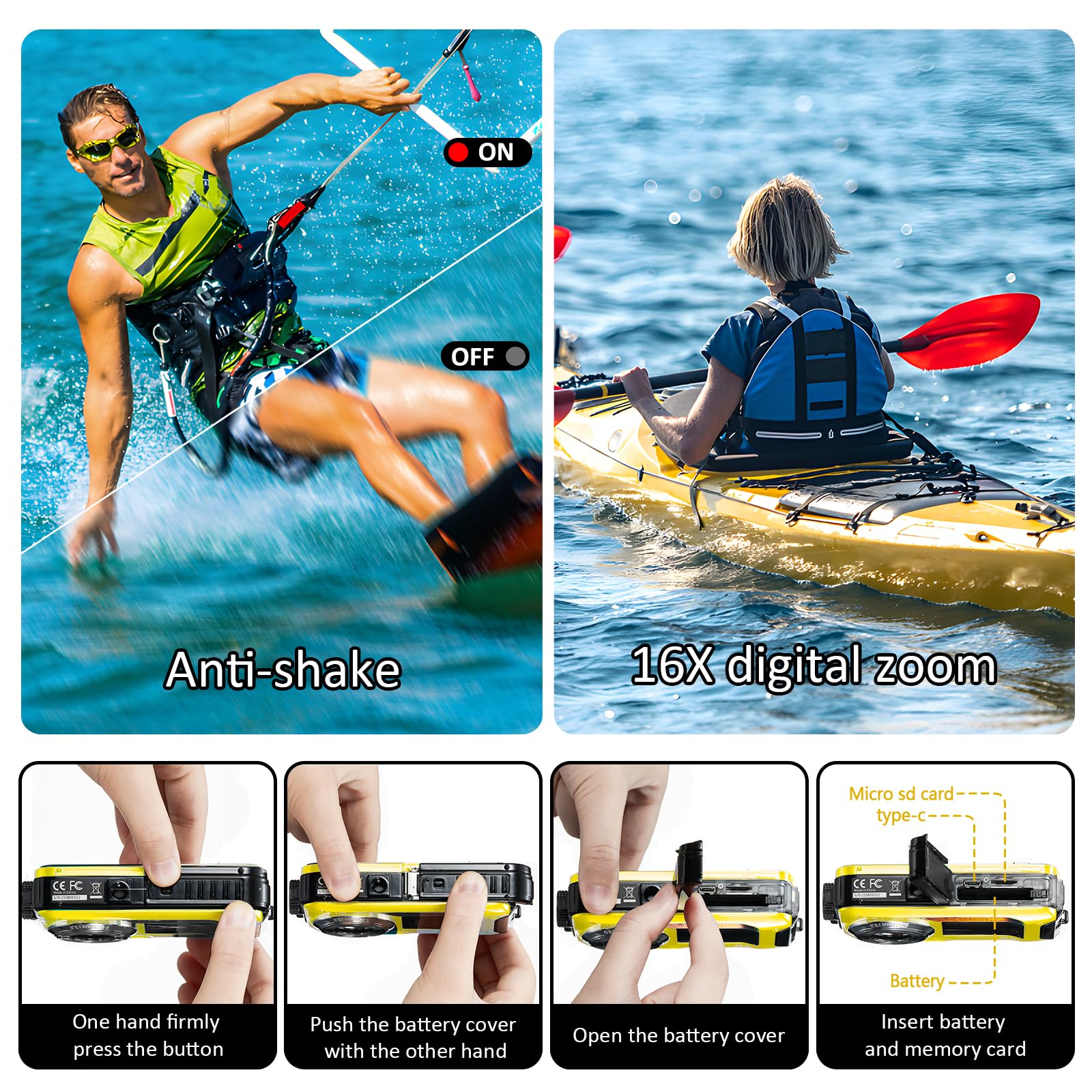 4K Waterproof Digital Camera 56MP Autofocus Dual-Screen Selfie Underwater Camera with 32GB Card - 11FT Depth, Compact Floatable Point & Shoot for Snorkeling, Scuba Diving & Beach Vacations - Includes 1250mAh Rechargeable Battery