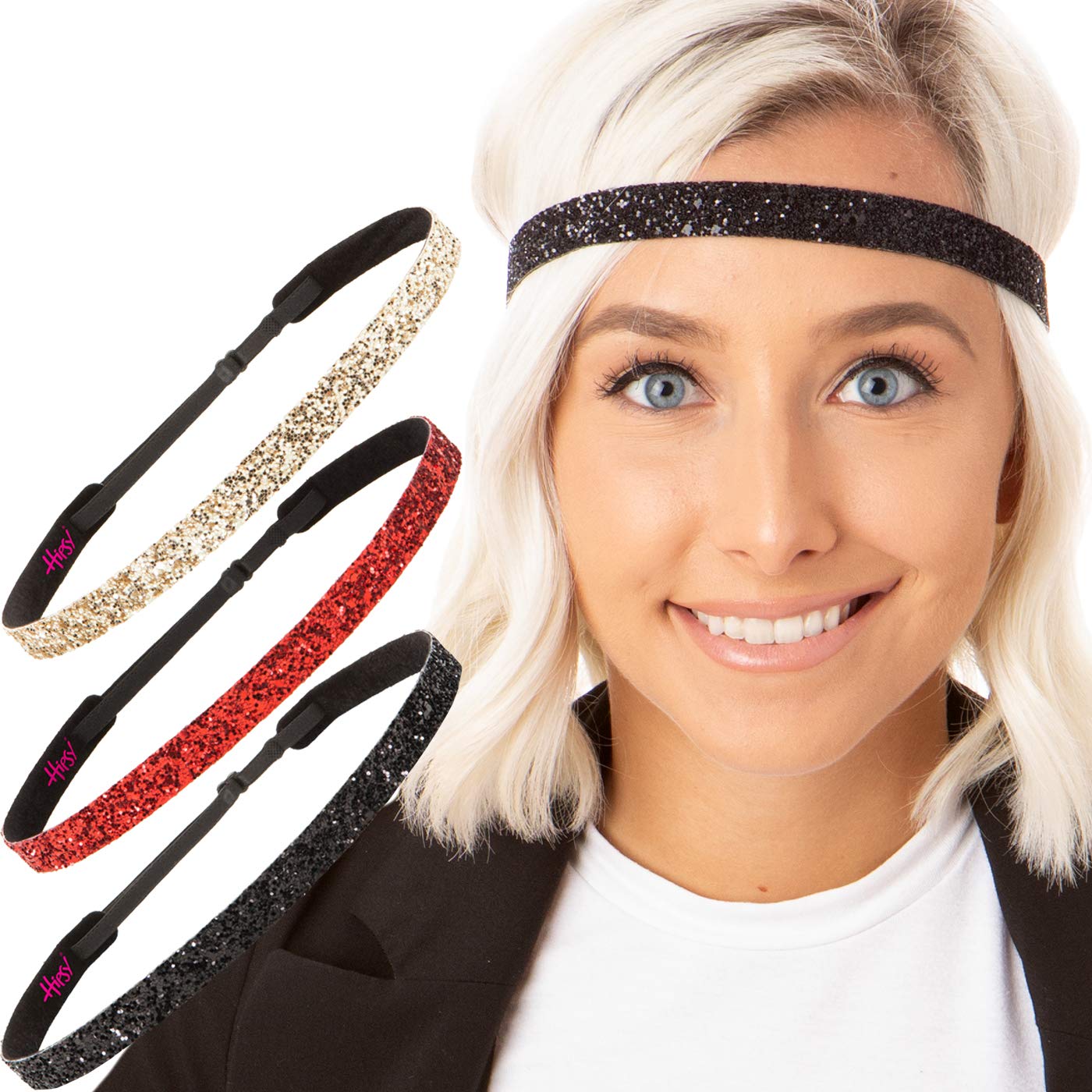 Sparkly Glitter Headbands for Women & Girls - Adjustable No-Slip Skinny Headbands 3 Pack (Black/Red/Gold) | Perfect for Sports, Workouts, School & Everyday Fashion Accessories