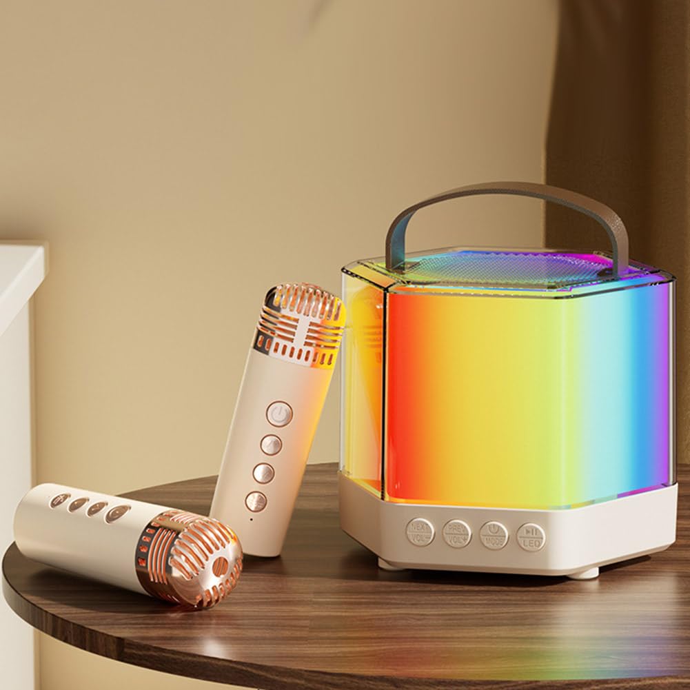 Jasaly Bluetooth Portable Karaoke Speaker with Powerful Bass & LED Lights - Wireless Microphone Included for Adults & Kids (White) - Perfect for Parties, Home Singing & Outdoor Gatherings