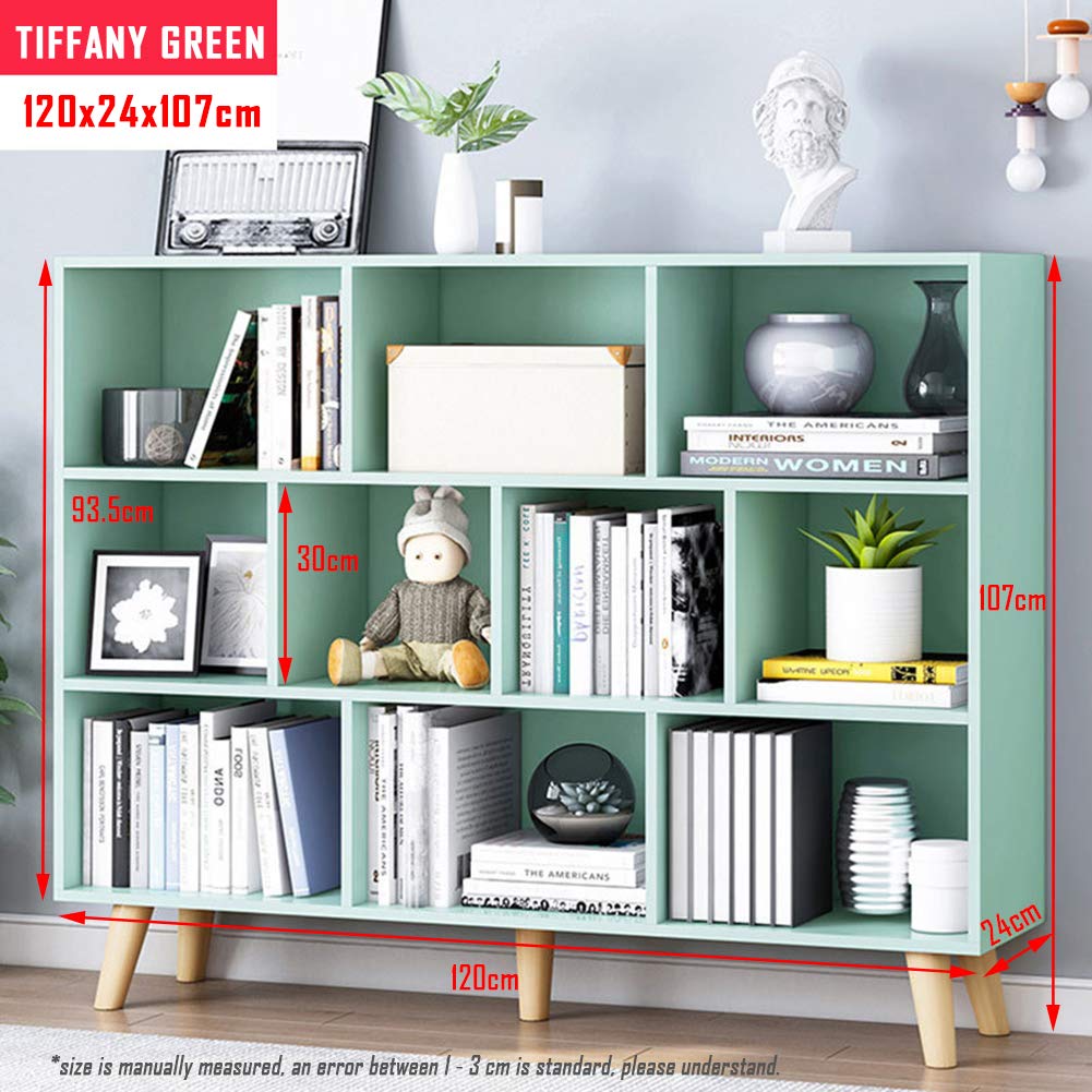 IOTXY 3-Tier Wooden Open Shelf Bookcase - Floor Standing Display Cabinet with 10 Storage Cubes, Modern Tiffany Green Bookshelf for Living Room, Bedroom & Office Organization
