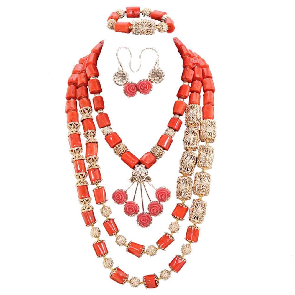 African Coral Bead Jewelry Set - Gold Beaded Fashion Necklace for Women | Handmade Tribal Necklace, Boho Chic Accessory for Parties, Weddings & Everyday Wear