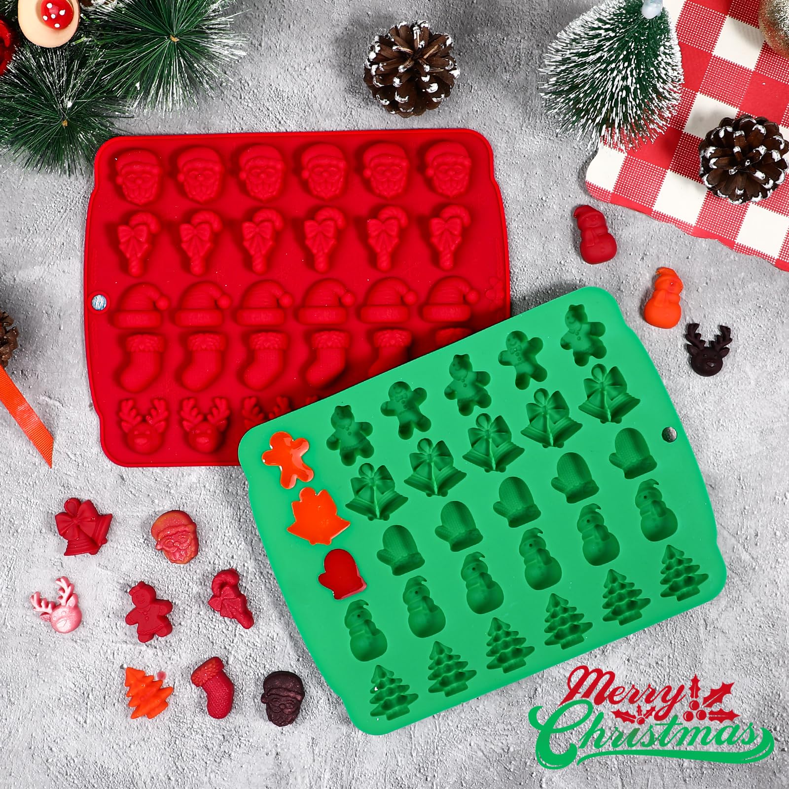 2-Piece 30-Cavity Christmas Candy Molds Set - Red & Green Silicone Gummy & Chocolate Molds for Holiday Baking, DIY Treats & Festive Desserts - Perfect for Christmas Parties, Gift Making & Seasonal Crafts