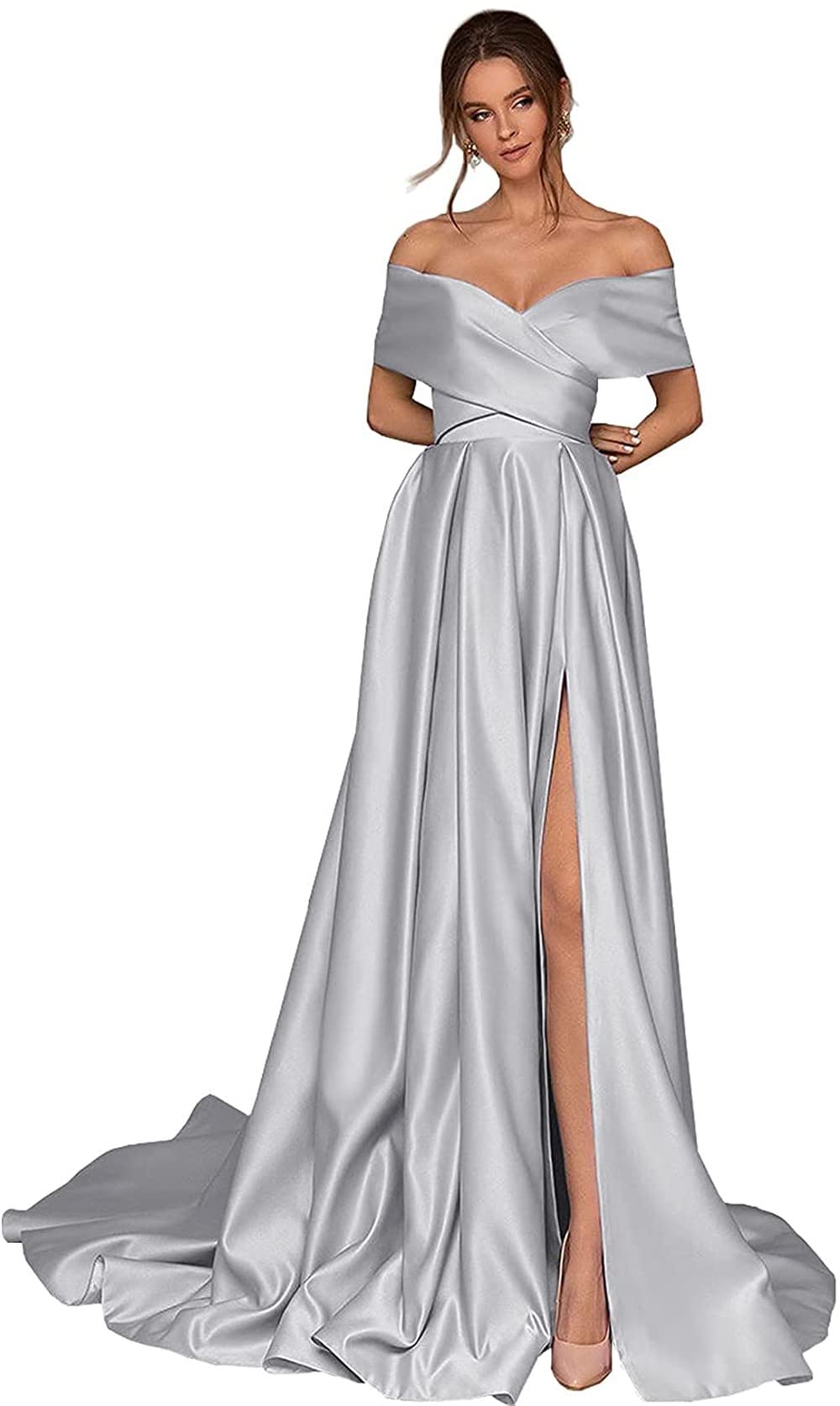 Elegant Off-The-Shoulder Satin Prom Dress with High Slit & Pockets - Women's Long Formal Evening Gown for Homecoming, Wedding Guest & Special Occasions