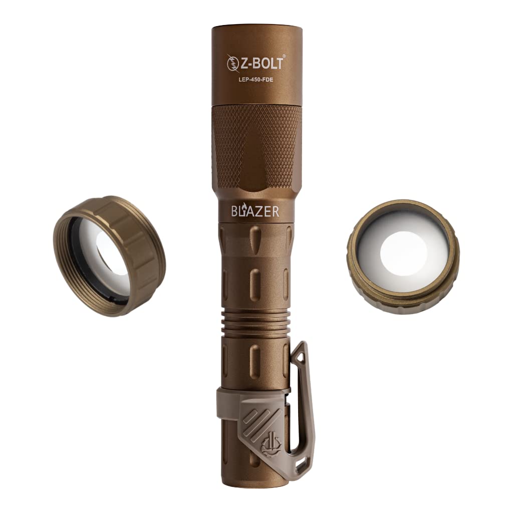 Z-BOLT® Blazer LEP Flashlight with Beam Shaping Diffuser - Dual Fuel (Battery & Rechargeable) - 1100m Range & 315,000 Candela - Tactical Duty & EDC Flashlight - Includes Free THYRM LPC Pocket Clip (FDE) - Perfect for Outdoor Adventures, Camping, Hiking, and Emergency Preparedness