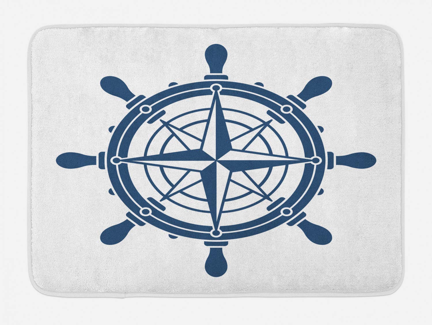 Ambesonne Vintage Nautical Tattoo Bath Mat - Non-Slip Plush Bathroom Rug with Steering Wheel Compass Design, 30.2 x 20 Inches, Dark Sky Blue & White - Perfect for Coastal Decor, Beach House Bathroom, and Nautical Theme Home Accessories