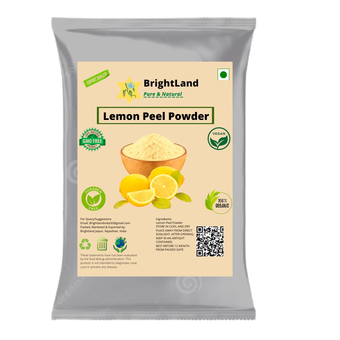 Brightland Pure Organic Lemon Peel Face Cleanser Powder | Citrus limonum | 100g | Natural Exfoliating & Brightening Facial Scrub for Glowing Skin | Perfect for Morning & Night Skincare Routine