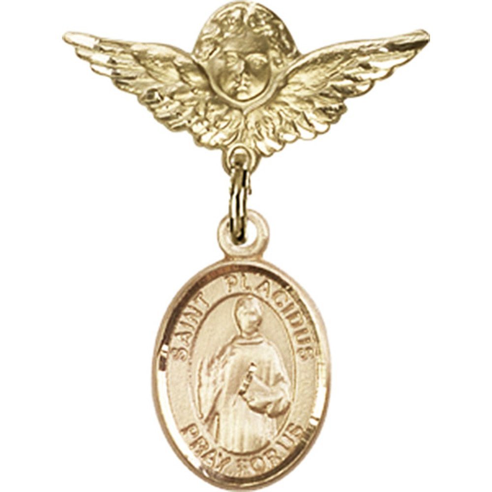 Gold Filled Baby Badge with St. Placidus Charm & Angel Wing Pin - 1 x 3/4 Inch - Perfect for Christening Gifts, Baby Showers & Keepsakes