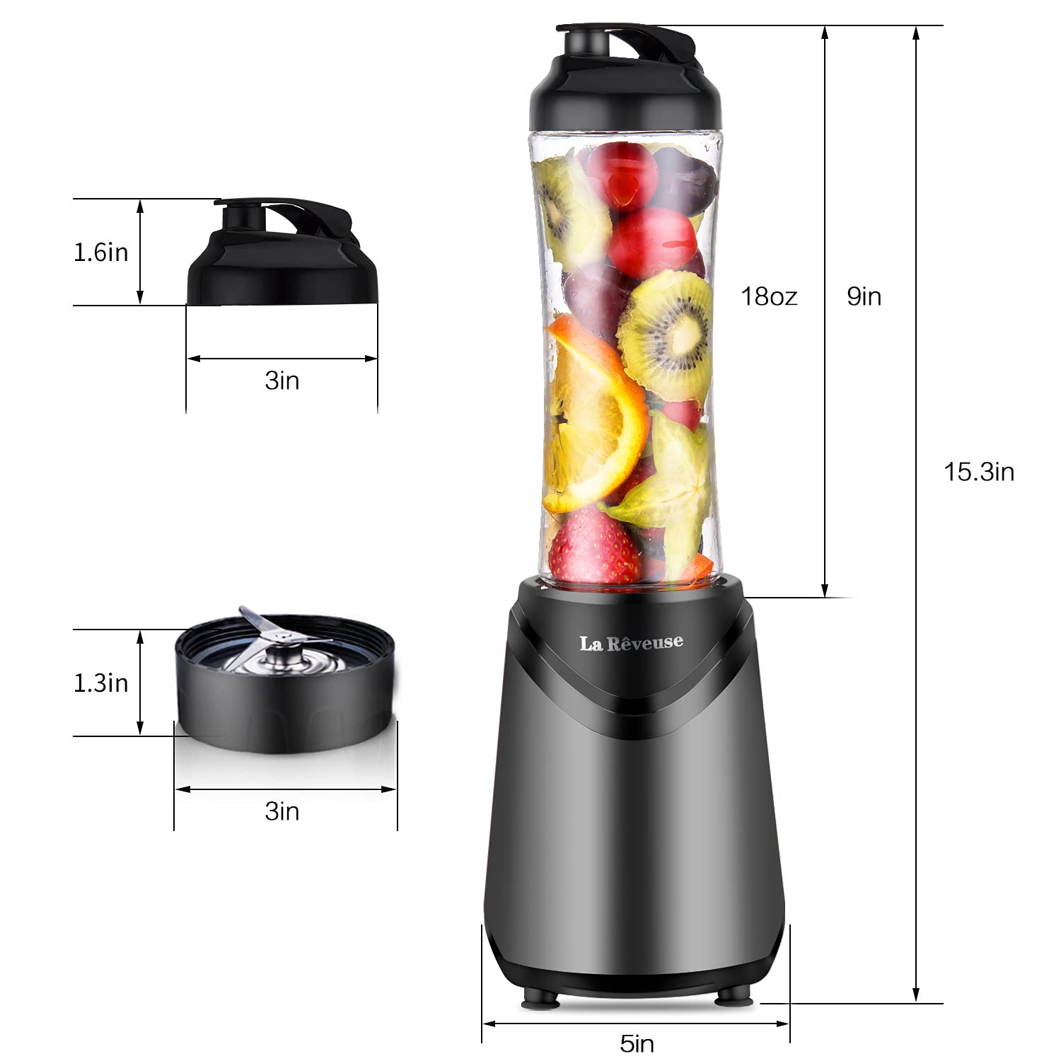 La Reveuse 300W Personal Smoothie Blender with 2 BPA-Free 18oz Travel Bottles - Compact Grey Blender for Protein Shakes, Meal Prep & On-the-Go Smoothies
