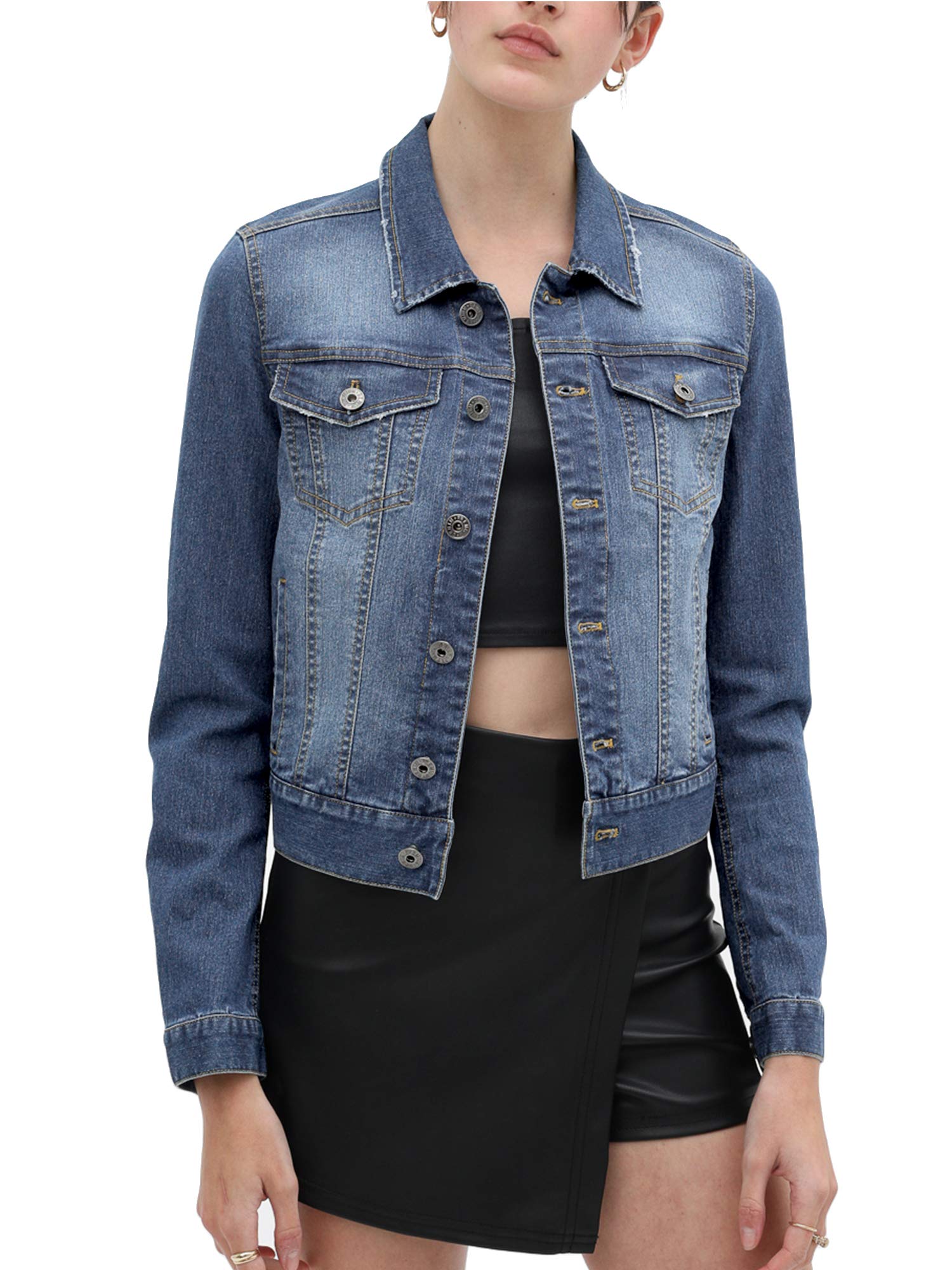 Vintage Stretch Cotton Denim Jacket for Women with 6 Pockets - Casual Outerwear for Fall, Spring & Everyday Wear
