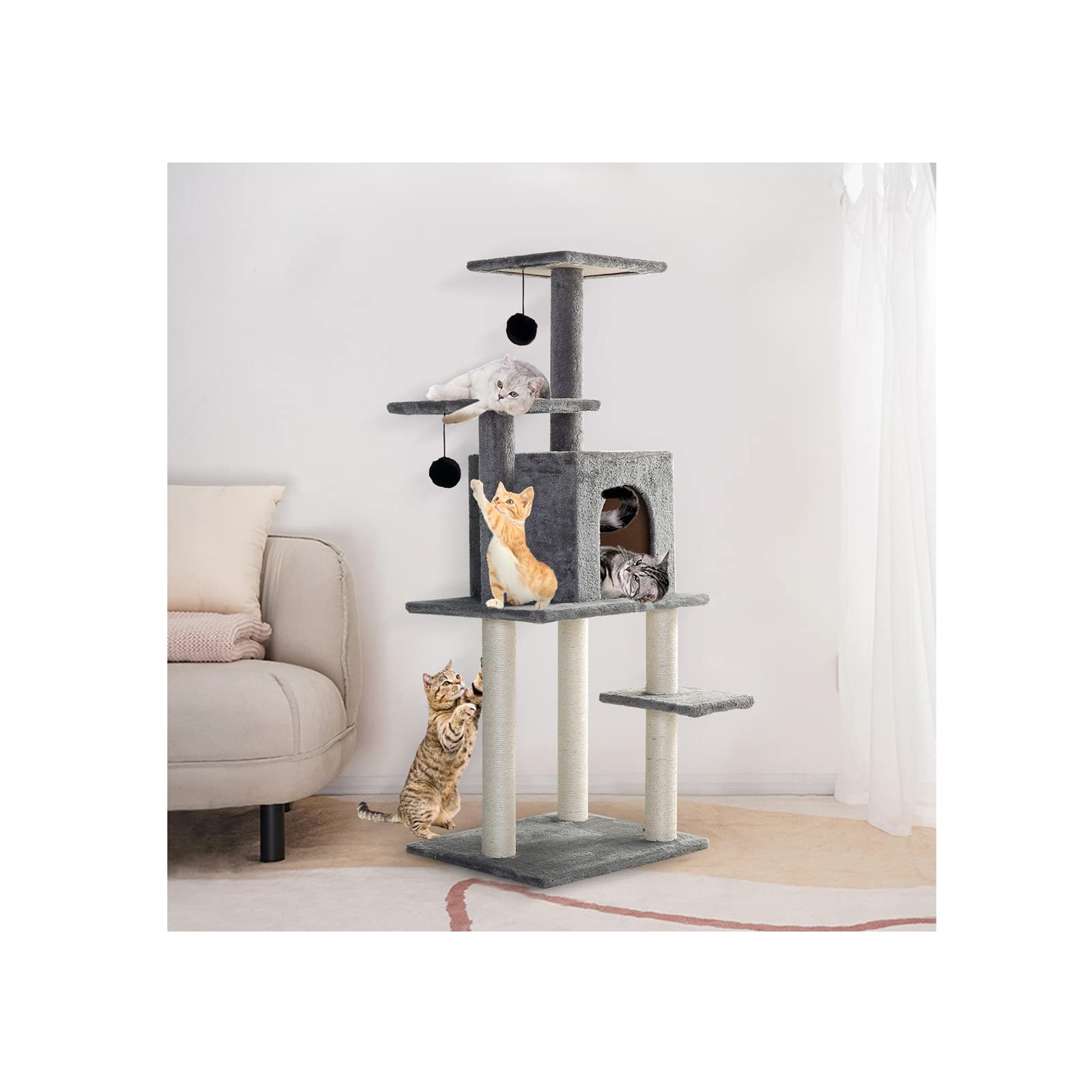 Soloven 60-Inch Wooden Cat Tree Tower for Large Indoor Cats - Multi-Level Cat Condo with Hammock, Sisal Scratching Posts & Removable Mats - Perfect for Play, Rest & Climbing in Home or Apartment